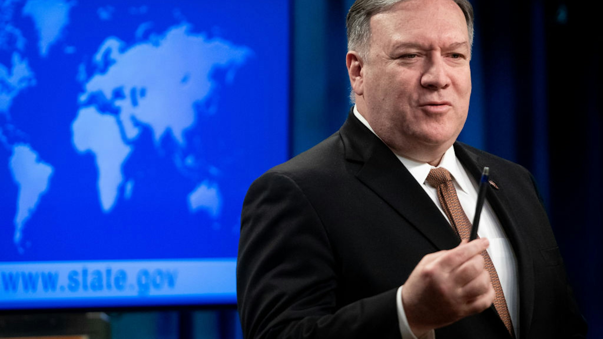 US Secretary of State Mike Pompeo announces that the US will designate Iran's Islamic Revolutionary Guard Corps (IRGC) as a Foreign Terrorist Organization (FTO) during a press conference at the State Department in Washington, DC, April 8, 2019.