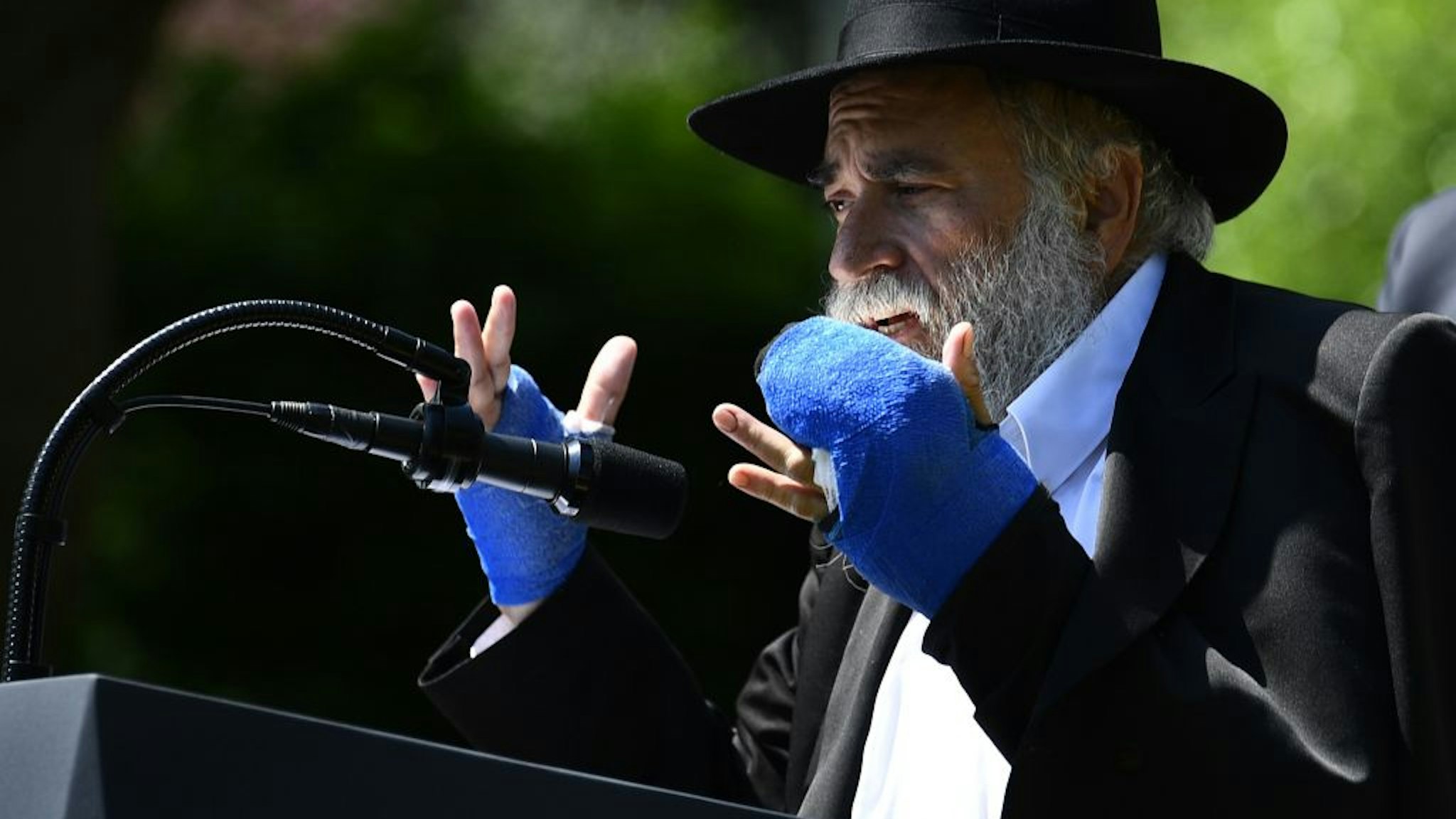 Rabbi Yisroel Goldstein speaks during the National Day of Prayer Service, in the Rose Garden of the White House in Washington, DC, on May 2, 2019.