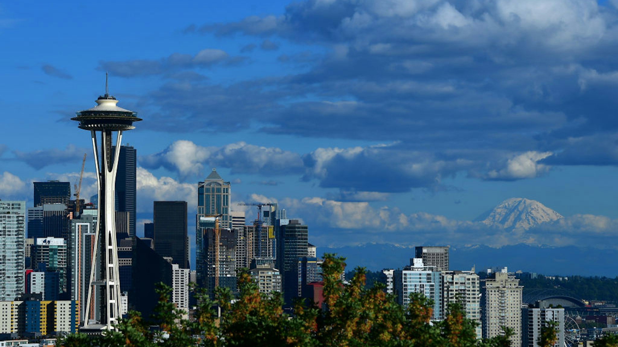 A general view of the Seattle Space Needle and downtown skyline with Mount Rainier in the background leading up to the 2019 Rock'n'Roll Seattle Marathon and 1/2 Marathon on June 8, 2019 in Seattle, Washington.