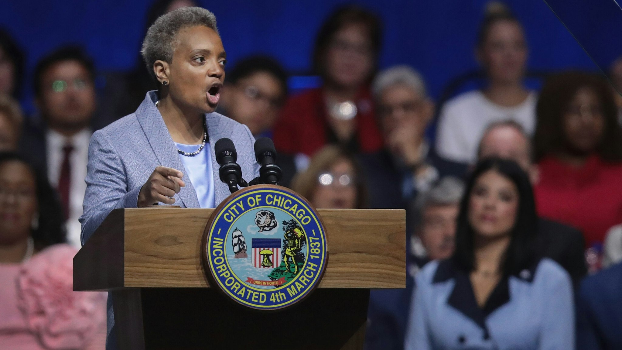CHICAGO, ILLINOIS - MAY 20: Lori Lightfoot addresses guests after being sworn in as Mayor of Chicago during a ceremony at the Wintrust Arena on May 20, 2019 in Chicago, Illinois. Lightfoot become the first black female and openly gay Mayor in the city’s history. (Photo by Scott Olson/Getty Images)