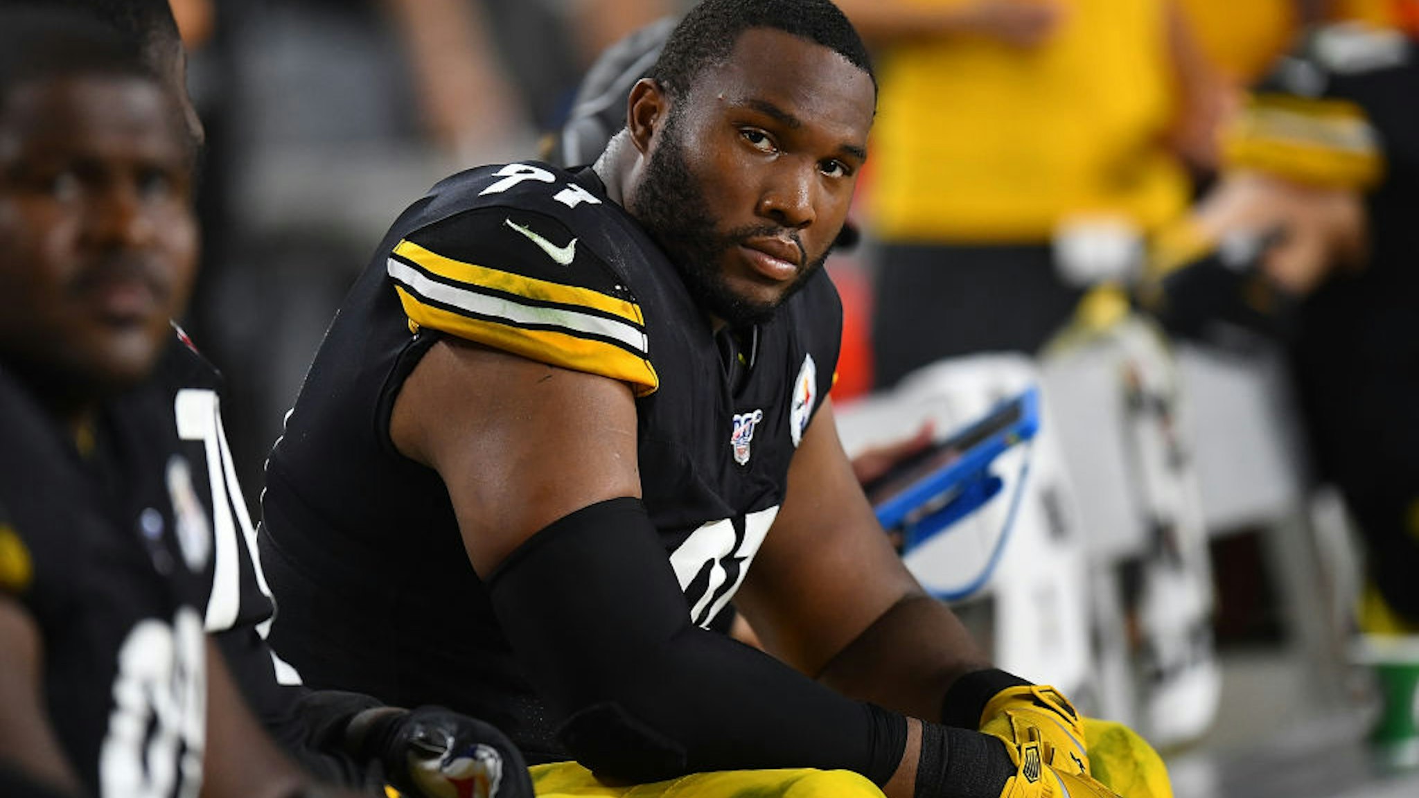 Stephon Tuitt #91 of the Pittsburgh Steelers looks on during the game against the Cincinnati Bengals at Heinz Field on September 30, 2019 in Pittsburgh, Pennsylvania.