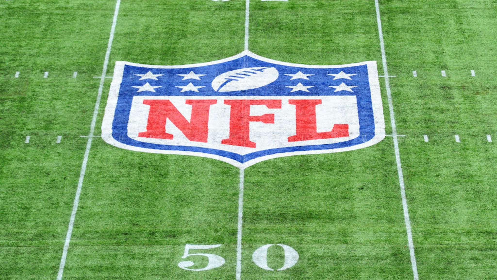 Detailed view of the NFL logo on the pitch during the NFL match between the Carolina Panthers and Tampa Bay Buccaneers at Tottenham Hotspur Stadium on October 13, 2019 in London, England.
