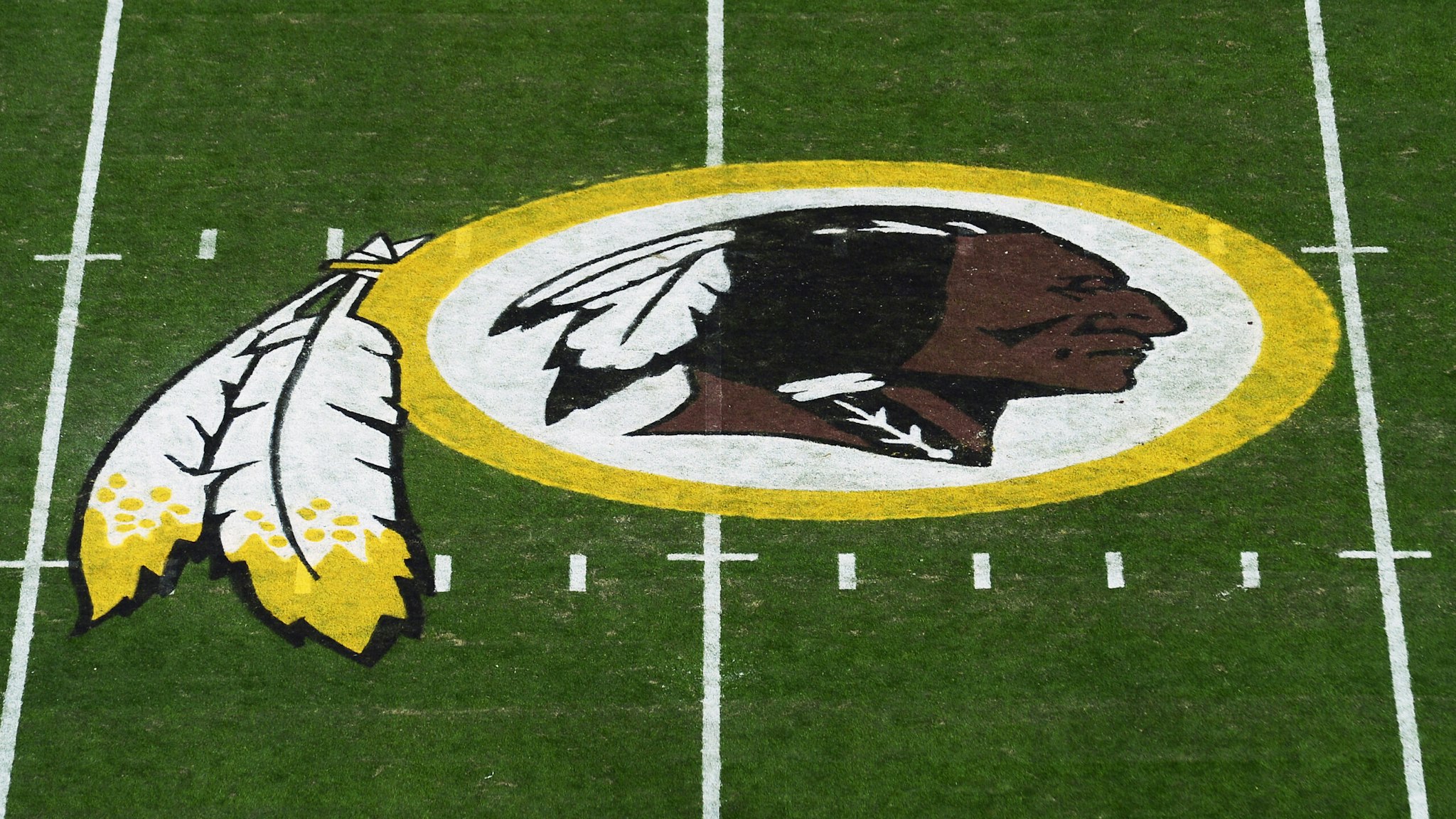 LANDOVER, MD - NOVEMBER 24: A general view of the Washington Redskins logo at center field before a game between the Detroit Lions and Redskins at FedExField on November 24, 2019 in Landover, Maryland. (Photo by Patrick McDermott/Getty Images)