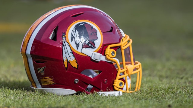 A Washington Redskins helmet is seen on the field before the game between the Washington Redskins and the New York Giants at FedExField on December 22, 2019 in Landover, Maryland.