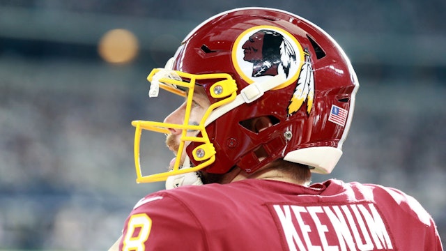 Case Keenum #8 of the Washington Redskins waits to go on the field against the Dallas Cowboys at AT&T Stadium on December 29, 2019 in Arlington, Texas.