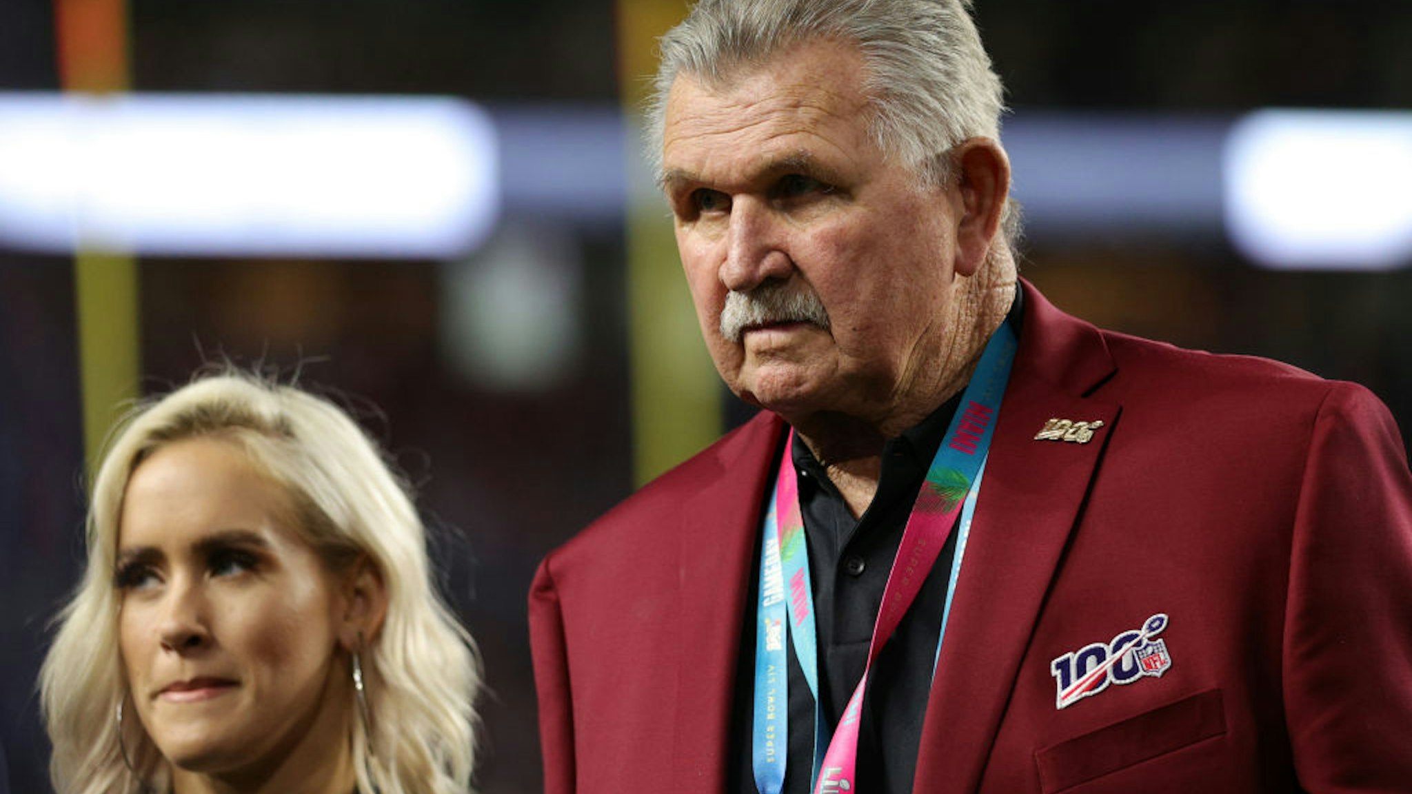 Mike Ditka of the NLF 100 All-Time Team is honored on the field prior to Super Bowl LIV between the San Francisco 49ers and the Kansas City Chiefs at Hard Rock Stadium on February 02, 2020 in Miami, Florida.