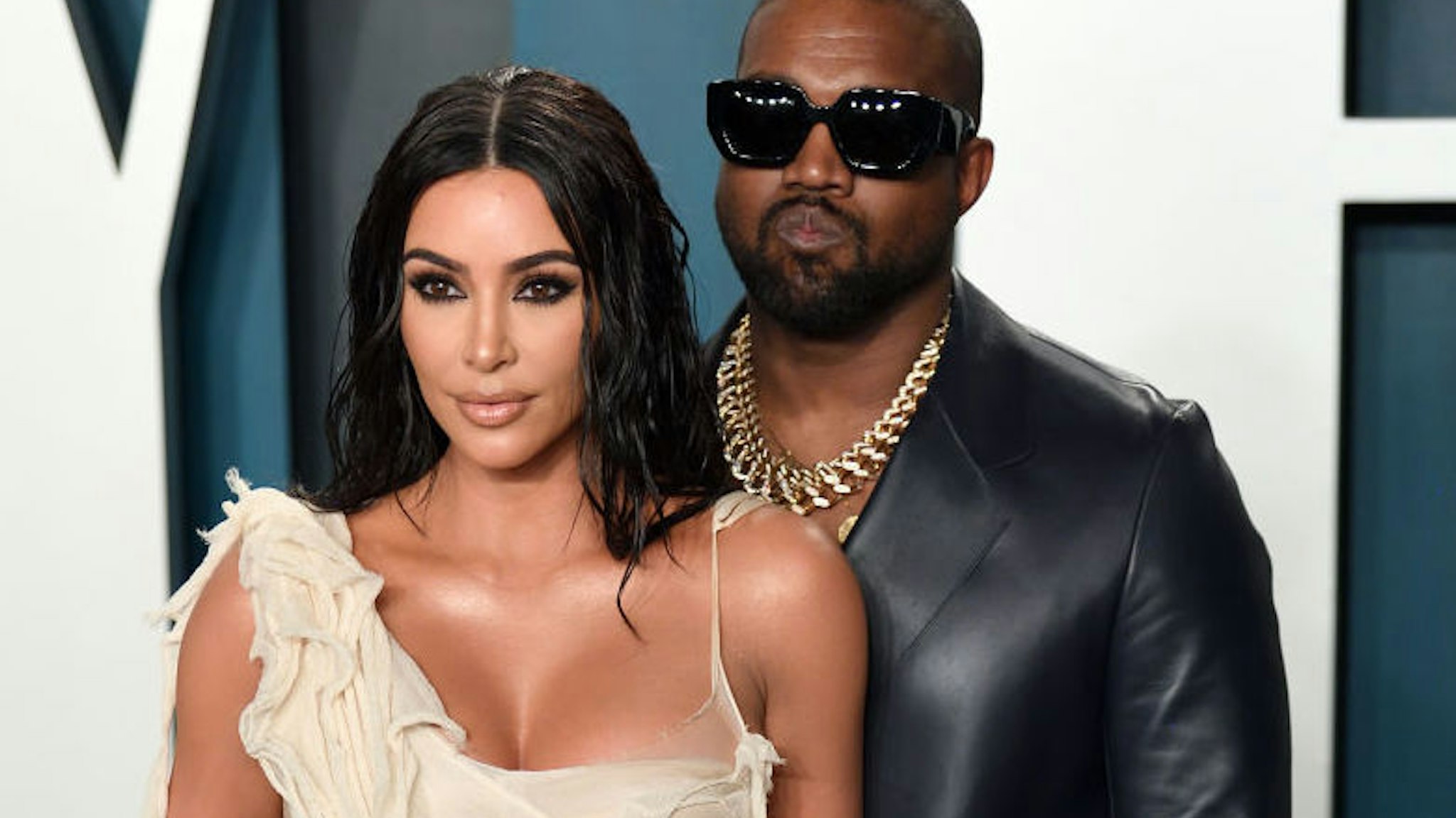 Kim Kardashian and Kanye West attend the 2020 Vanity Fair Oscar Party hosted by Radhika Jones at Wallis Annenberg Center for the Performing Arts on February 09, 2020 in Beverly Hills, California.