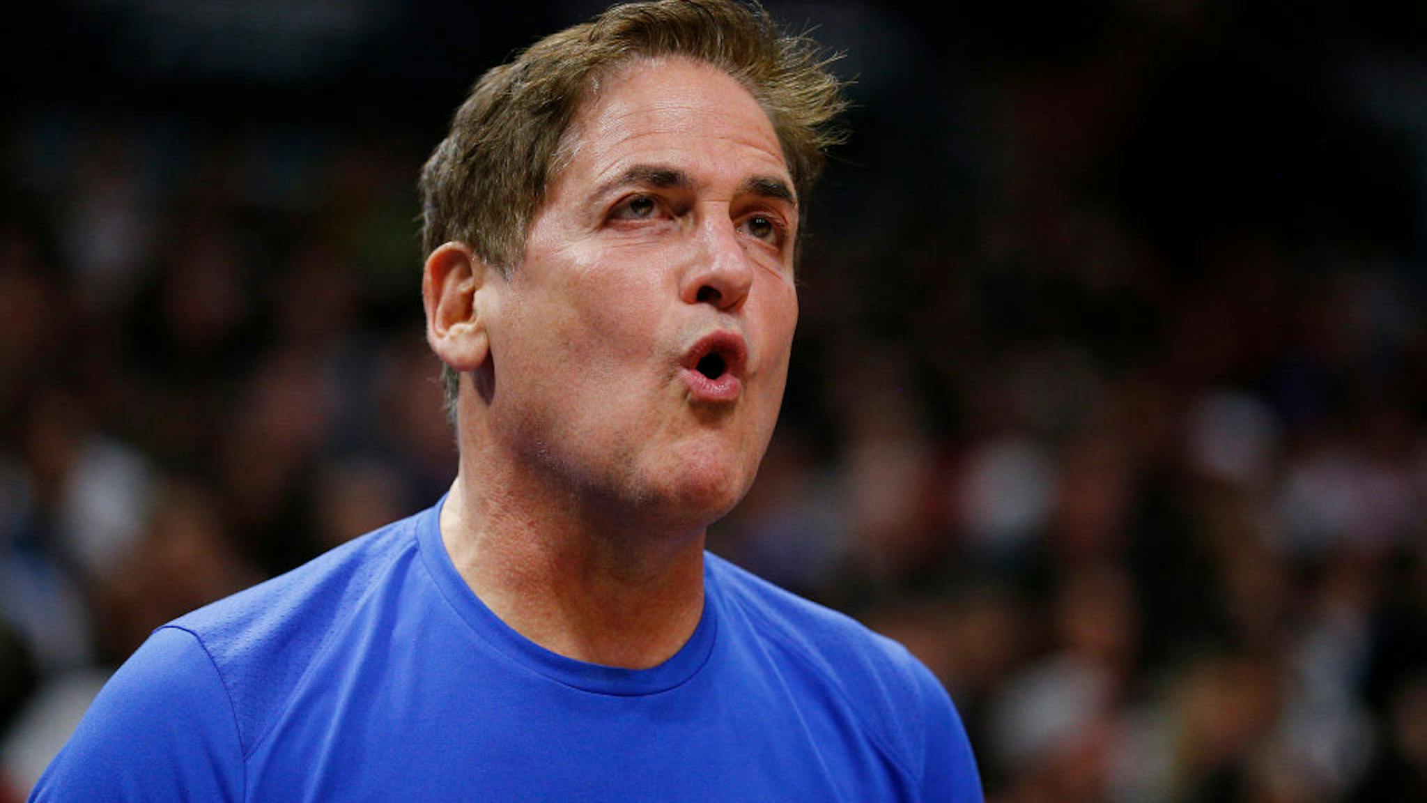 Dallas Mavericks v Miami Heat Owner Mark Cuban of the Dallas Mavericks reacts against the Miami Heat during the second half at American Airlines Arena on February 28, 2020 in Miami, Florida.