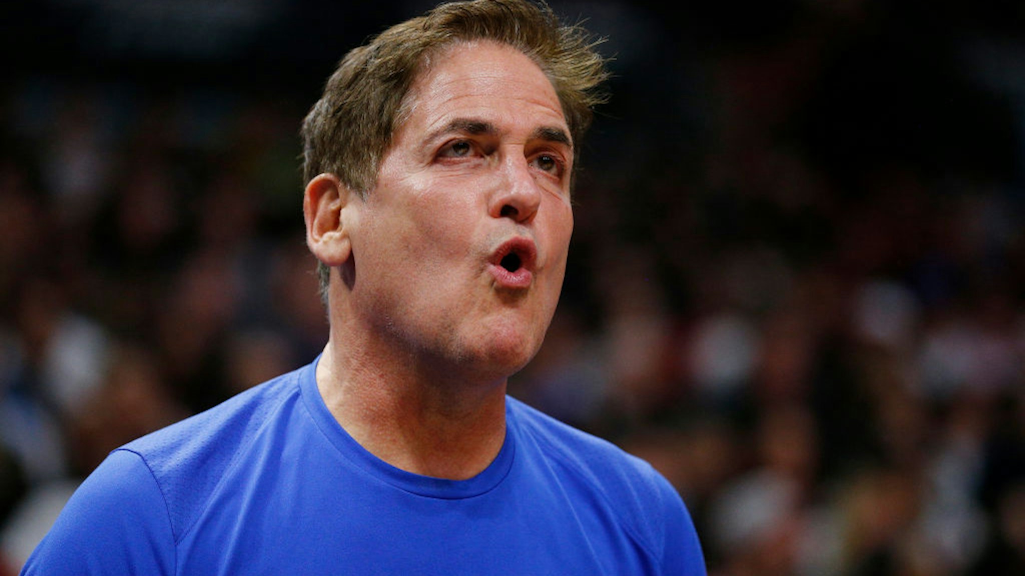 Owner Mark Cuban of the Dallas Mavericks reacts against the Miami Heat during the second half at American Airlines Arena on February 28, 2020 in Miami, Florida.
