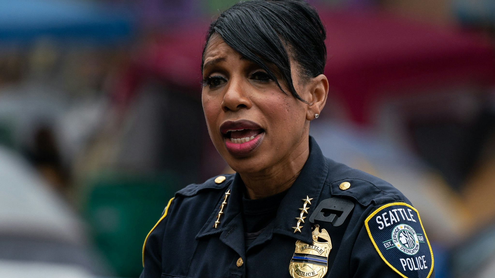 SEATTLE, WA - JUNE 29: Seattle Police Chief Carmen Best holds a press conference outside of the departments vacated East Precinct in the area known as the Capitol Hill Organized Protest (CHOP) on June 29, 2020 in Seattle, Washington. The press conference was held near the site of an early morning shooting that left one person dead and one in critical condition. "Enough is enough," she said. Four shootings in less than two weeks have taken place in the vicinity. (Photo by David Ryder/Getty Images)
