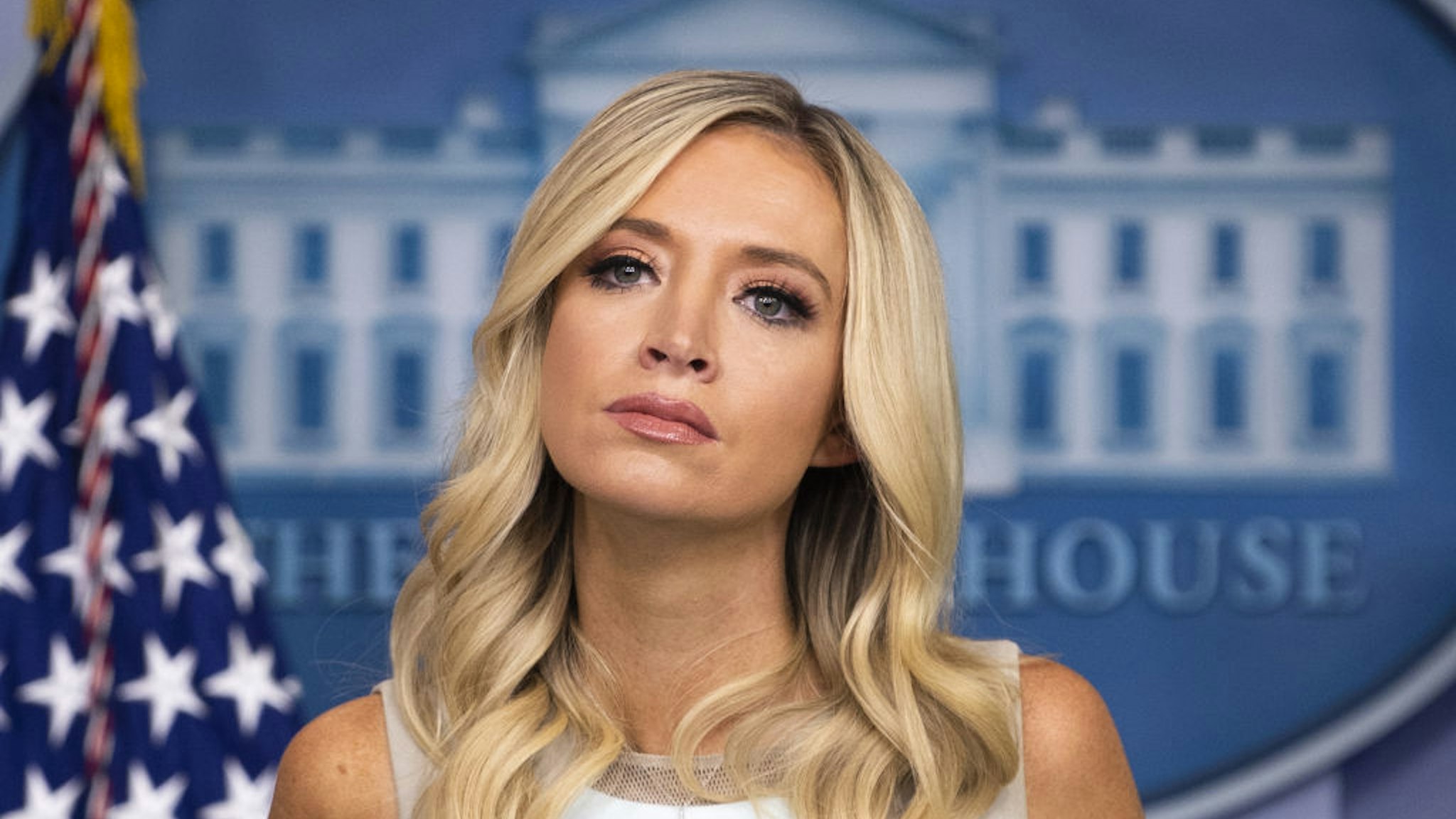 Kayleigh McEnany, White House press secretary, pauses while speaking during a news conference in the James S. Brady Press Briefing Room at the White House in Washington, D.C., U.S. on Monday, July 6, 2020.