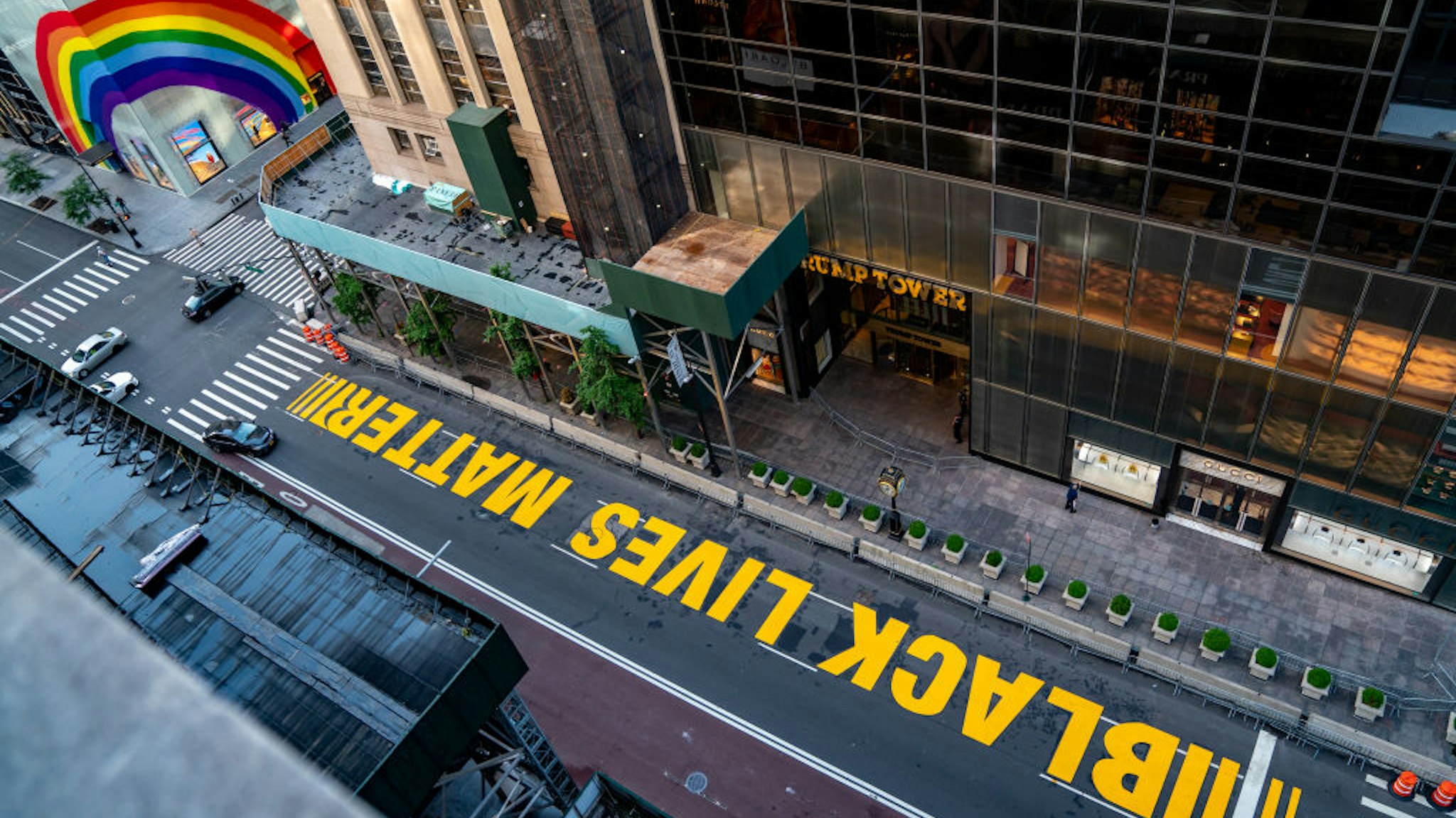 A Black lives Matter mural that was painted on 5th Avenue is seen directly in front of Trump Tower on July 13, 2020 in New York City.