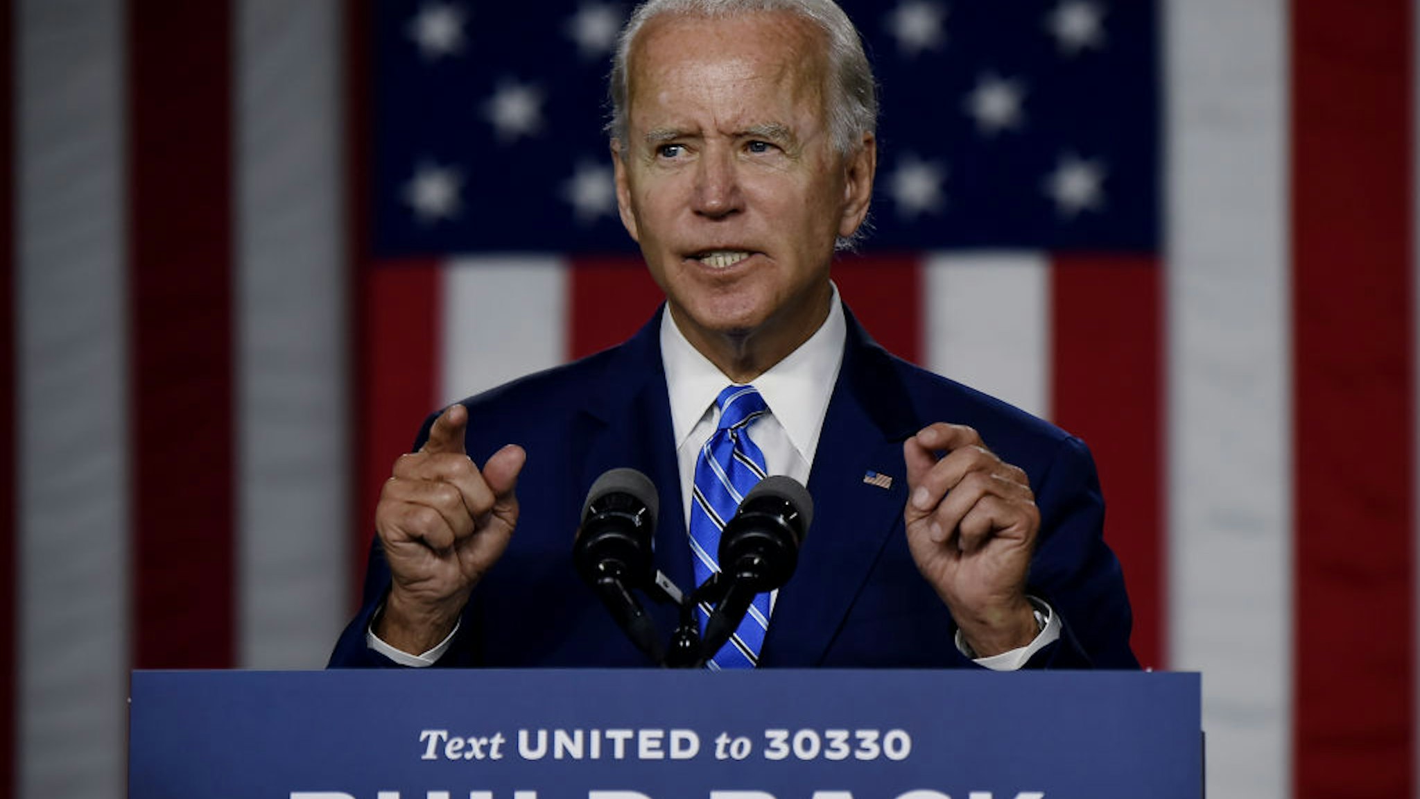 Democratic presidential candidate and former Vice President Joe Biden speaks at a "Build Back Better" Clean Energy event on July 14, 2020 at the Chase Center in Wilmington, Delaware.
