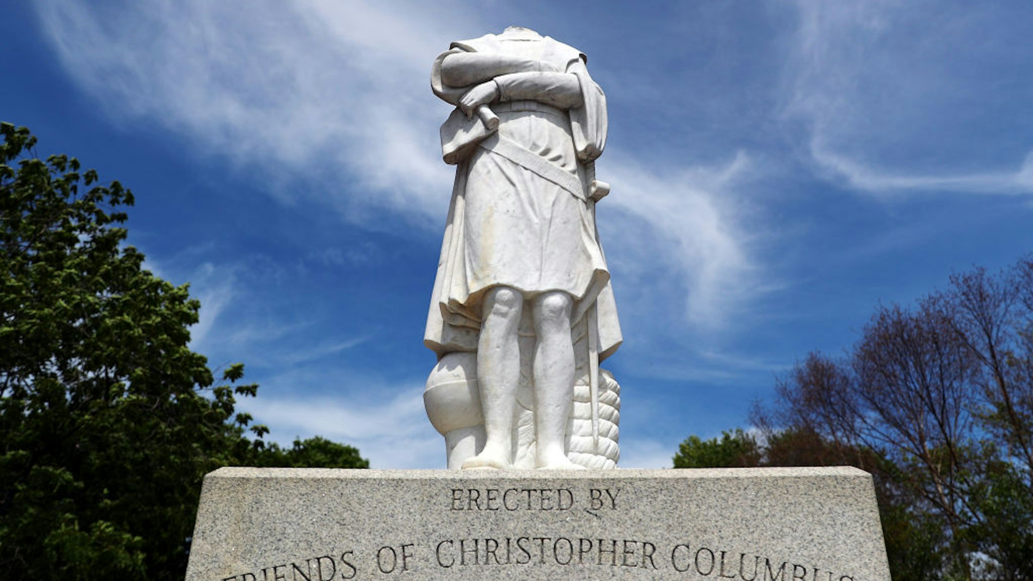 A statue depicting Christopher Columbus is seen with its head removed at Christopher Columbus Waterfront Park on June 10, 2020 in Boston, Massachusetts.
