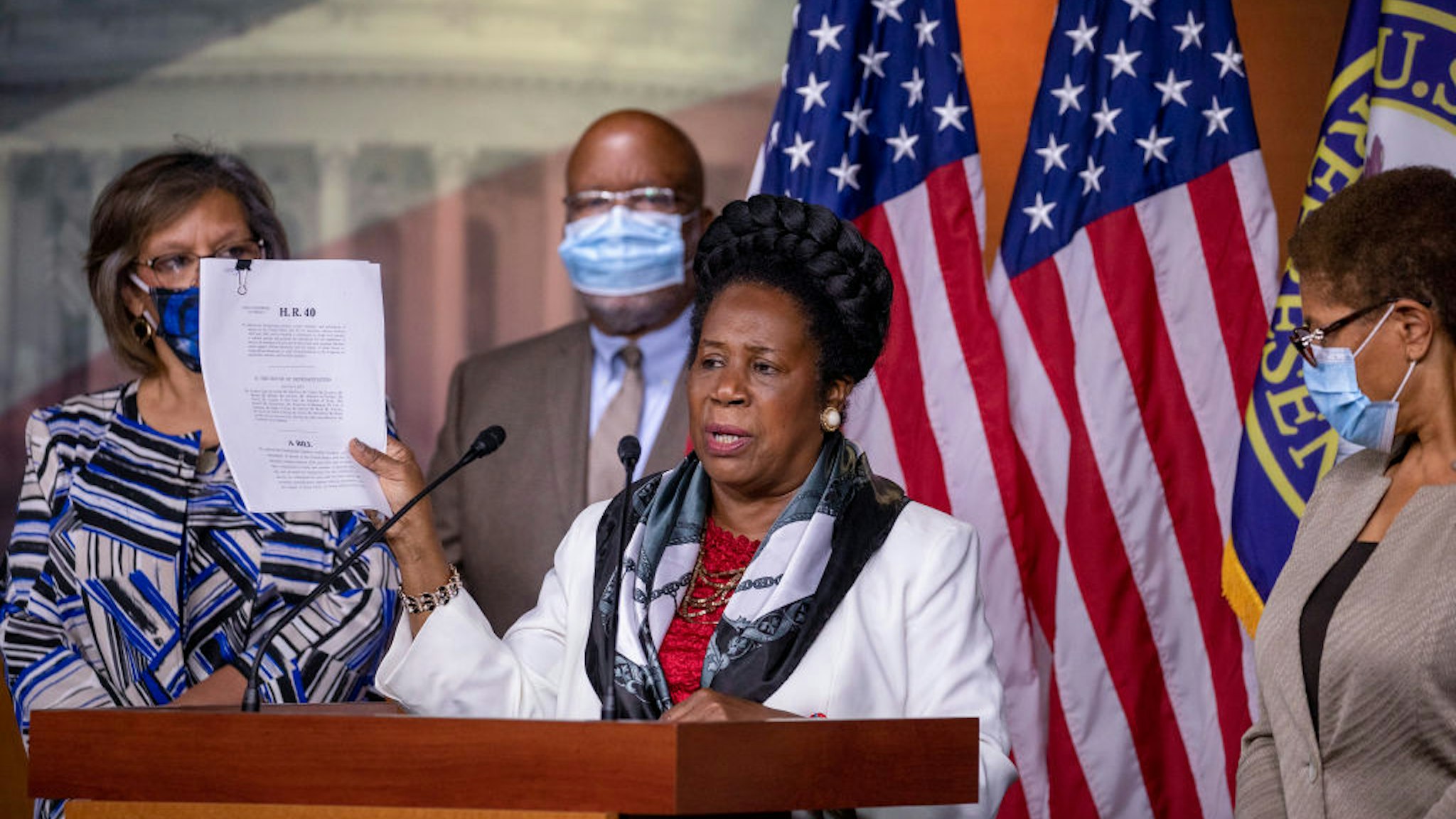U.S. Rep. Sheila Jackson Lee (D-TX) speaks at a Congressional Black Caucus press conference on Capitol Hill on July 01, 2020 in Washington, DC.
