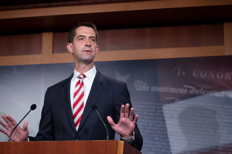 Sen. Tom Cotton (R-AR) attends a press conference announcing Senate Republicans' opposition to D.C. statehood on Capitol Hill July 01, 2020 in Washington, DC.