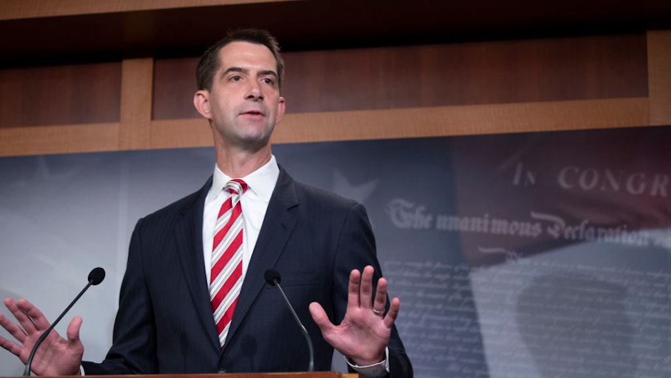 Sen. Tom Cotton (R-AR) attends a press conference announcing Senate Republicans' opposition to D.C. statehood on Capitol Hill July 01, 2020 in Washington, DC.