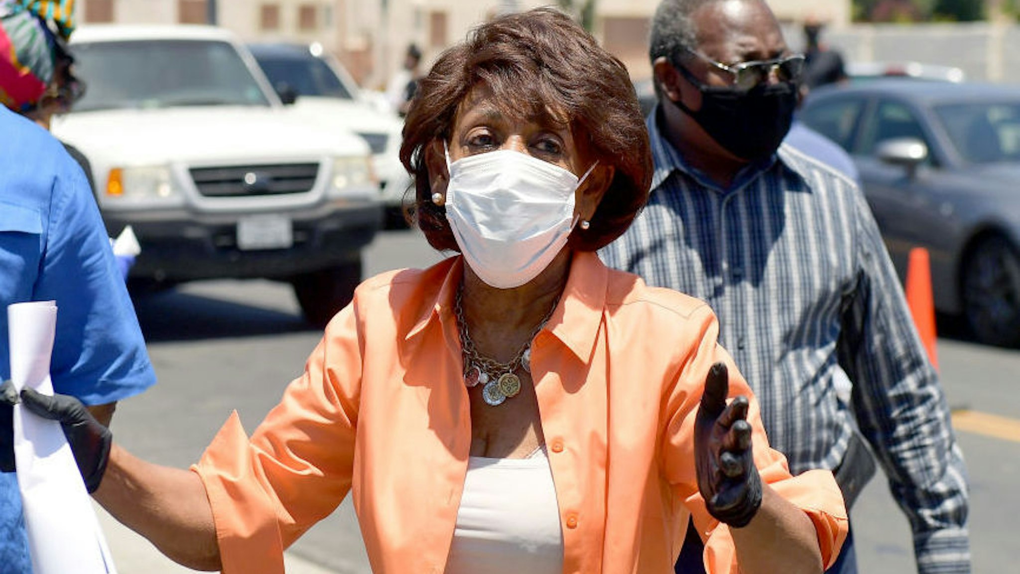Congresswoman Maxine Waters attends the #WONDALUNCH Fresh Produce and Poultry Drive Thru Giveaway on July 07, 2020 in Watts, California.