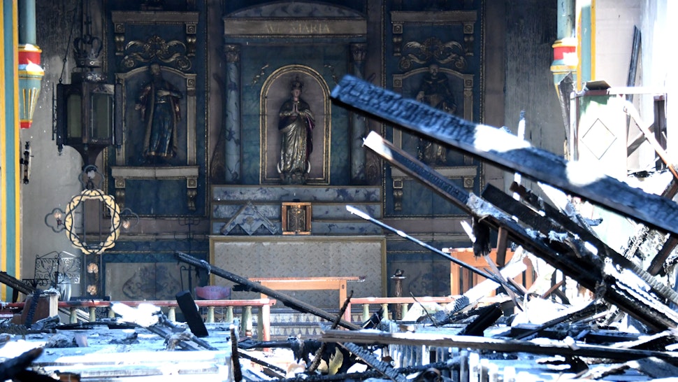 SAN GABRRIEL, CA - JULY 11: The alter still stands after a four-alarm fire tore through the church at Mission San Gabriel destroying the inside of the 245-year-old building in San Gabriel on Saturday, July 11, 2020. (Photo by Keith Birmingham/MediaNews Group/Pasadena Star-News via Getty Images)