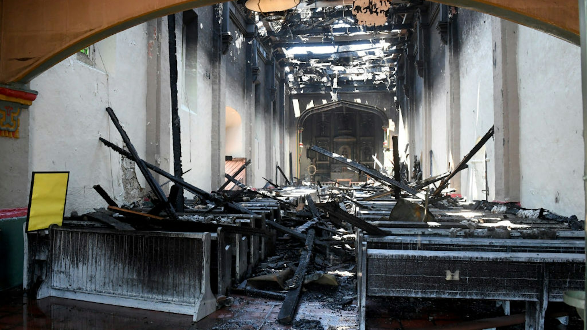 The inside of the church after a four-alarm fire tore through the church at Mission San Gabriel destroying the inside of the 245-year-old building in San Gabriel on Saturday, July 11, 2020.