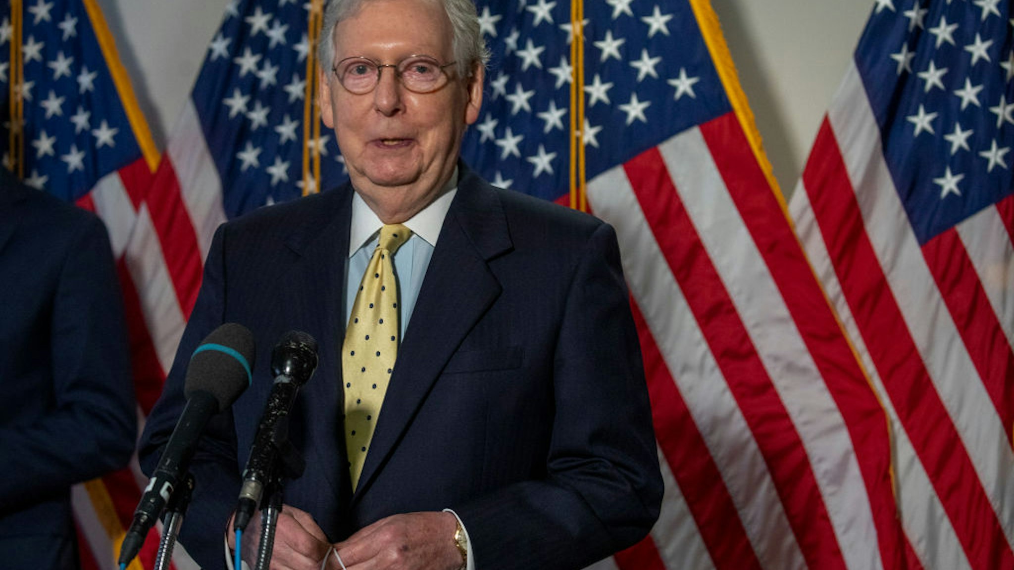 Senate Majority Leader Mitch McConnell (R-KY) speaks to the media after weekly policy luncheons on Capitol Hill July 21, 2020 in Washington, DC.