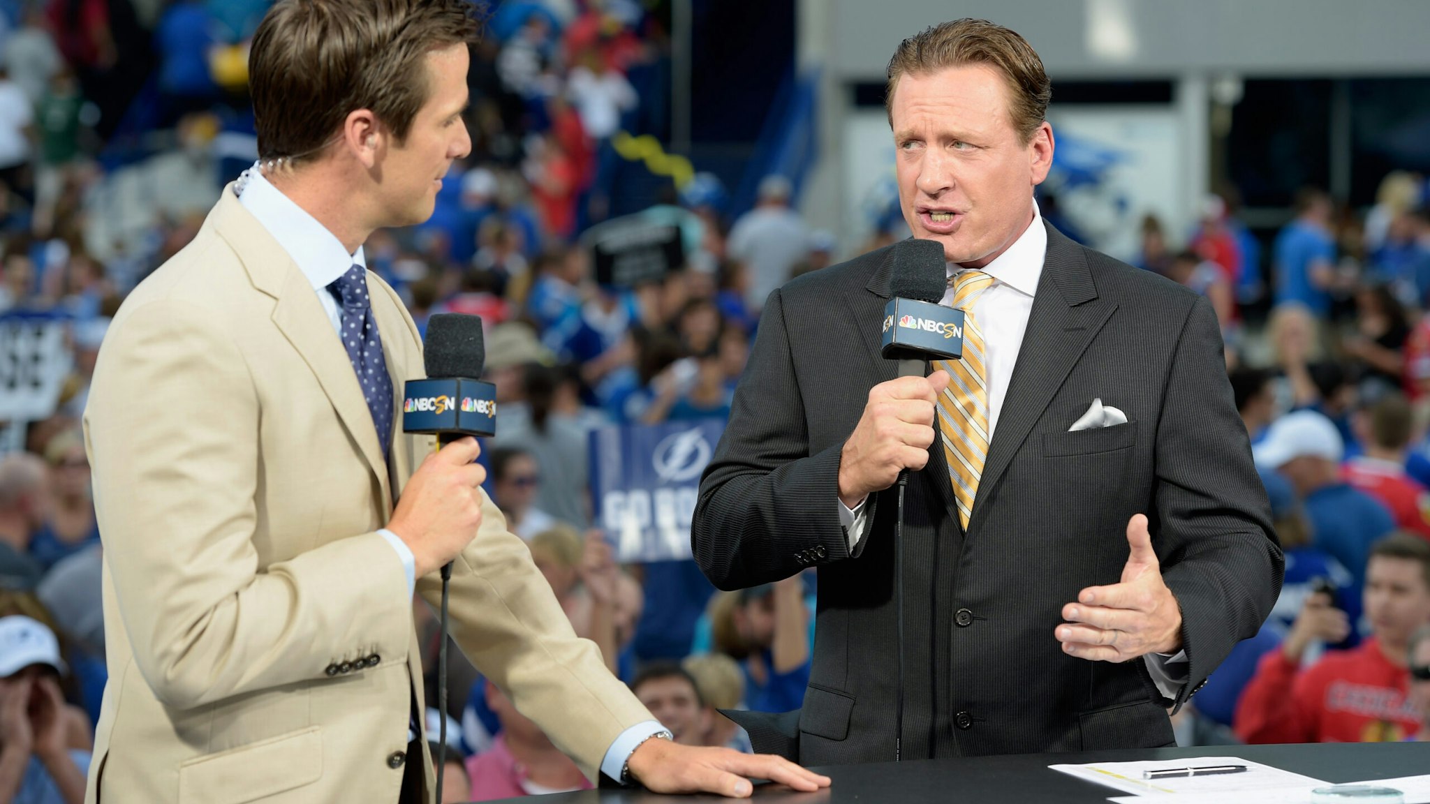 TAMPA, FL - JUNE 03: NHL on NBC on-air talent Dave Briggs and Jeremy Roenick discuss Game One of the 2015 NHL Stanley Cup Final between the Tampa Bay Lightning and the Chicago Blackhawks at Amalie Arena on June 3, 2015 in Tampa, Florida. (Photo by Bill Smith/NHLI via Getty Images)