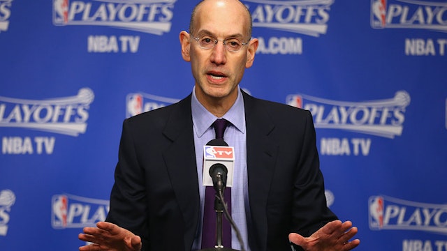 Adam Silver the NBA Commissioner talks to the media before the start of the Oklahoma City Thunder game against the Memphis Grizzlies in Game 4 of the Western Conference Quarterfinals during the 2014 NBA Playoffs at FedExForum on April 26, 2014 in Memphis, Tennessee.