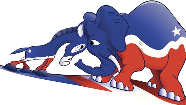 This is a vector illustration of a donkey butting heads with an elephant. Kind of like politics huh? (This download is in an Adobe Illustrator EPS 10 file format and has no transparencies or transparent blends.)