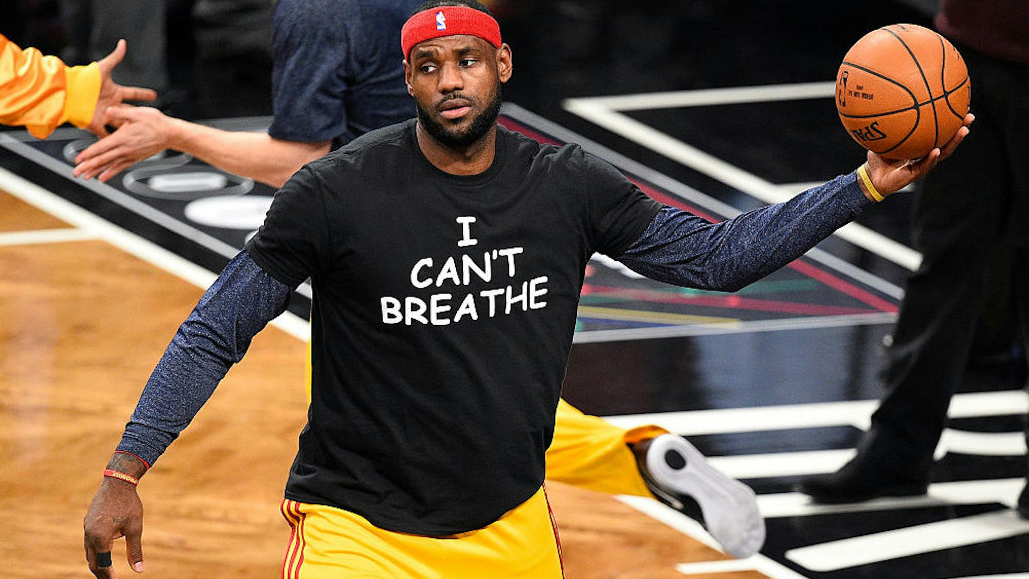 Cleveland Cavaliers forward LeBron James (23) wears a t shirt to honor Eric Garner during warmups before a NBA game between the Cleveland Cavaliers and the Brooklyn Nets at Barclays Center in Brooklyn, NY The Cleveland Cavaliers defeated the Brooklyn Nets 110-88.