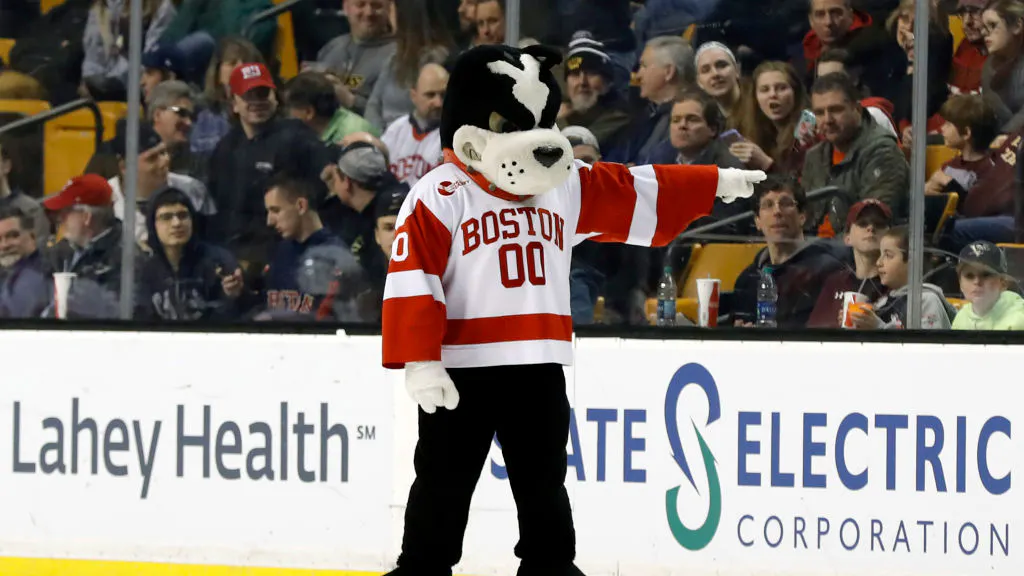 BU mascot Rhett before a Hockey East semifinal between the Boston University Terriers and the Boston College Eagles on March 17, 2017 at TD Garden in Boston, Massachusetts.