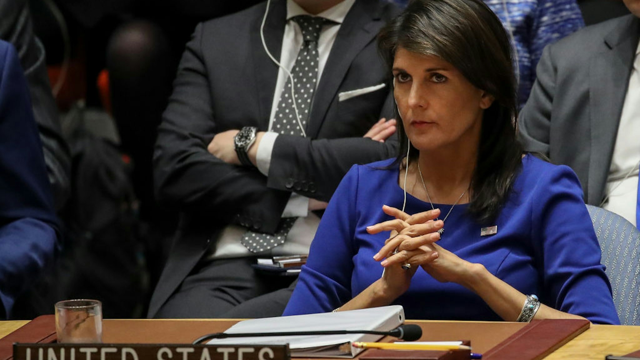 United States Ambassador to the United Nations Nikki Haley listens during a United Nations Security Council emergency meeting concerning the situation in Syria, at United Nations headquarters, April 14, 2018 in New York City.
