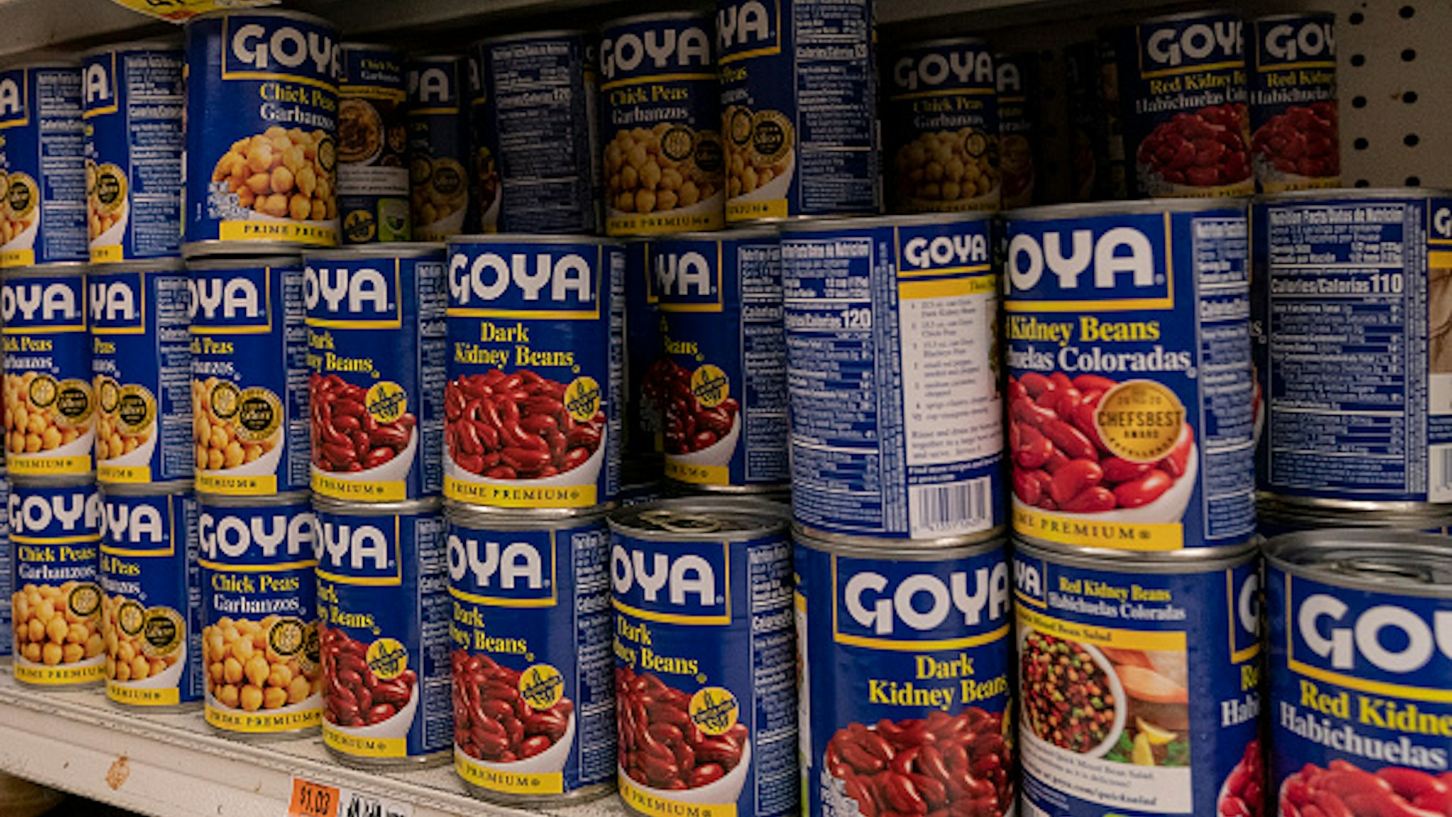 NEW YORK, UNITED STATES - 2020/07/10: Products by Goya Foods Company seen on shelves of Stop&amp;Shop supermarket in the Bronx as company boycott takes off after Robert Unanue, CEO of Goya Foods, appeared in the White House Rose Garden and praised President Donald Trump. Hashtag #Goyaway is trending on social media since July 10, 2020. Unanue said he will not apologize and called the movement suppression of speech. He also claimed a double standard in the reaction to his remarks about President Trump reminding that he did similar event with Michelle Obama in 2012.