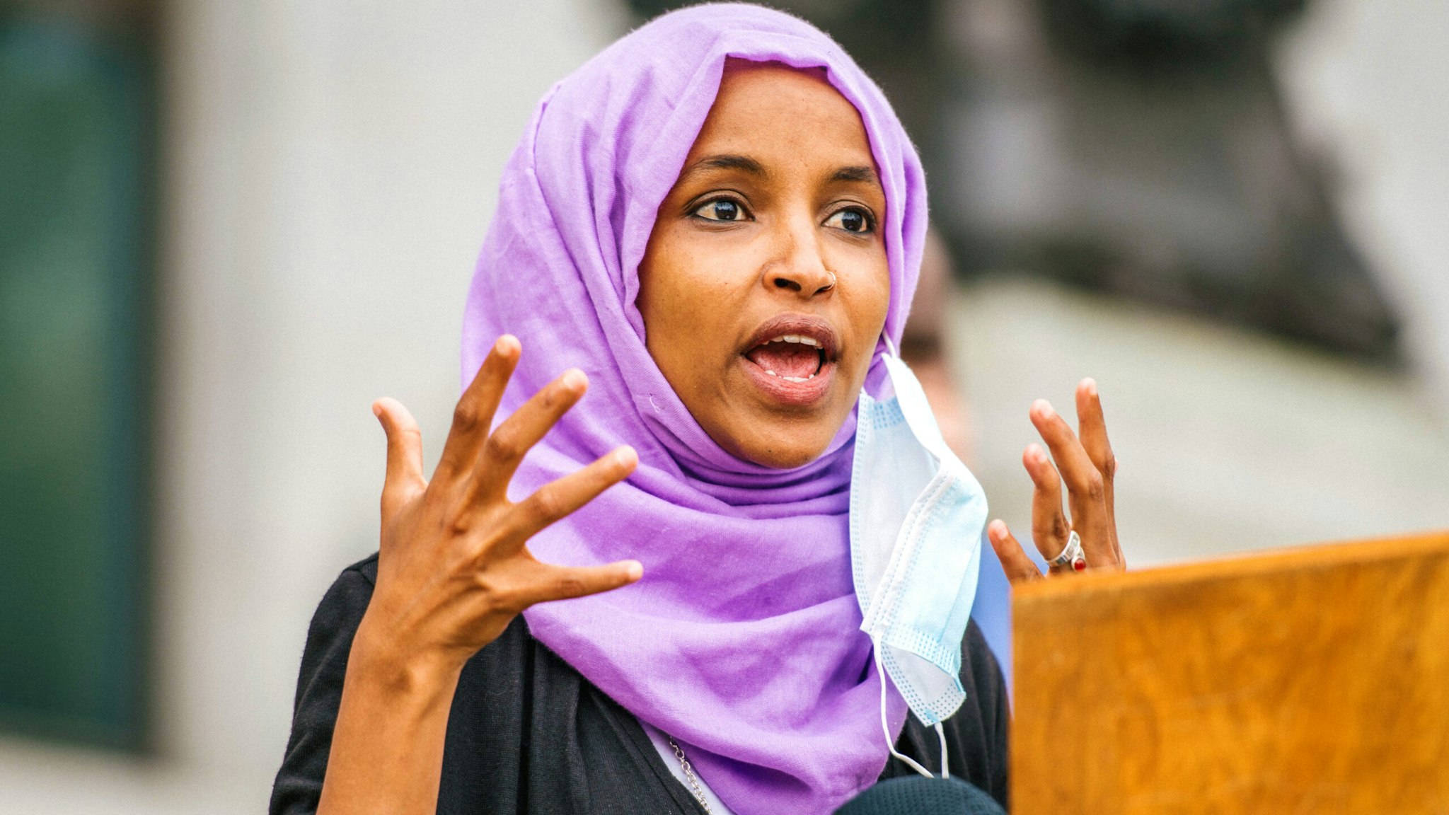 U.S. Rep. Ihan Omar (D-MN) speaks during a press conference on July 7, 2020 in St. Paul, Minnesota. A press conference was held by the Minnesota People of Color and Indigenous caucus to discuss work on the state and federal level to make systematic changes to address institutional racism.