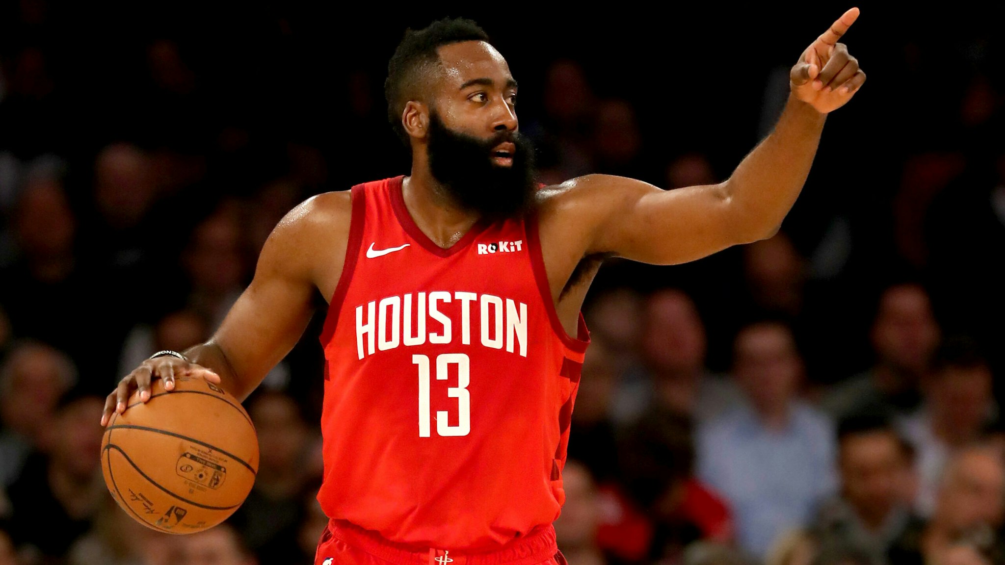 James Harden #13 of the Houston Rockets directs his teammates in the first quarter against the New York Knicks at Madison Square Garden on January 23, 2019 in New York City.