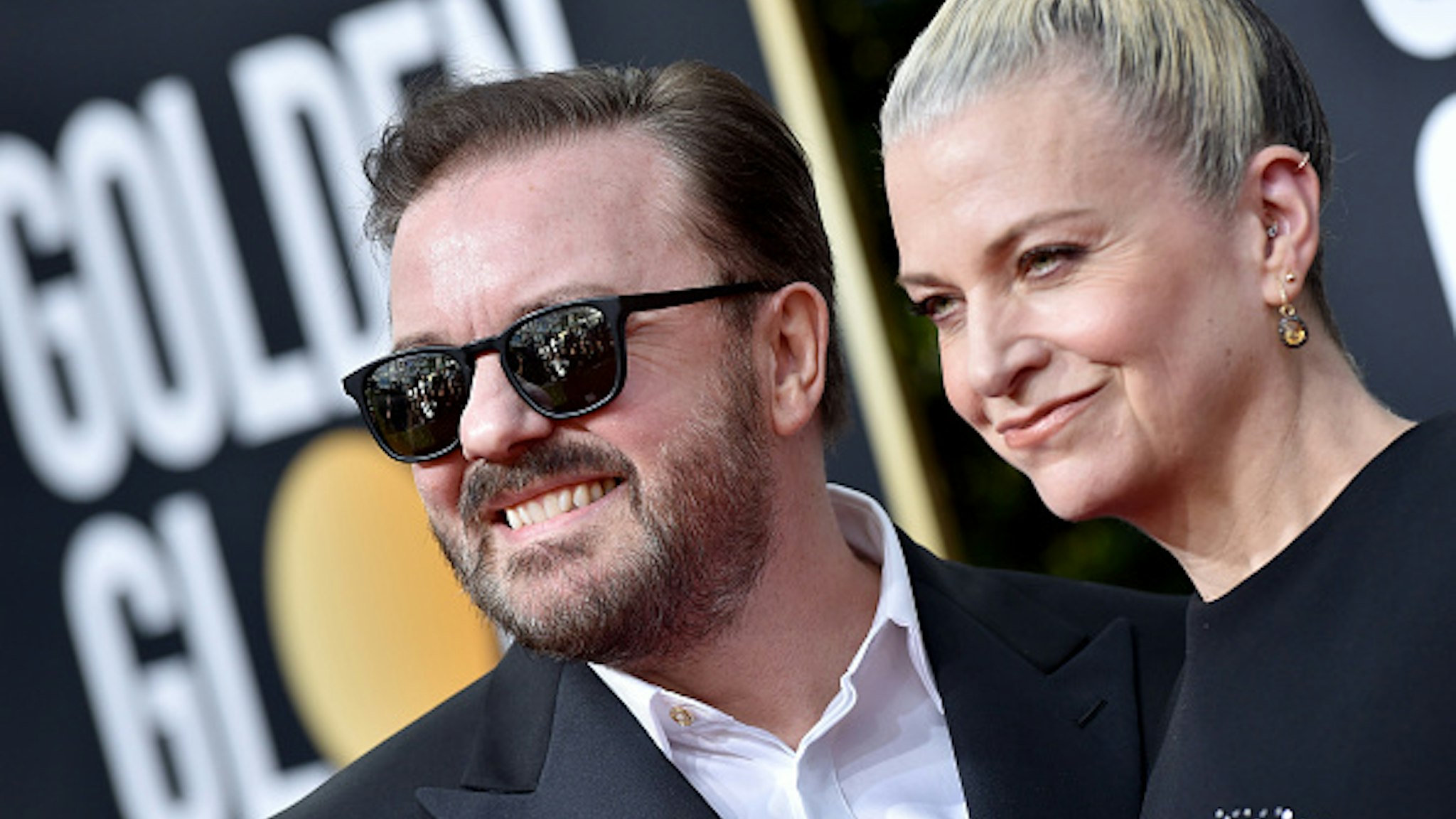 BEVERLY HILLS, CALIFORNIA - JANUARY 05: Ricky Gervais and Jane Fallon attend the 77th Annual Golden Globe Awards at The Beverly Hilton Hotel on January 05, 2020 in Beverly Hills, California.