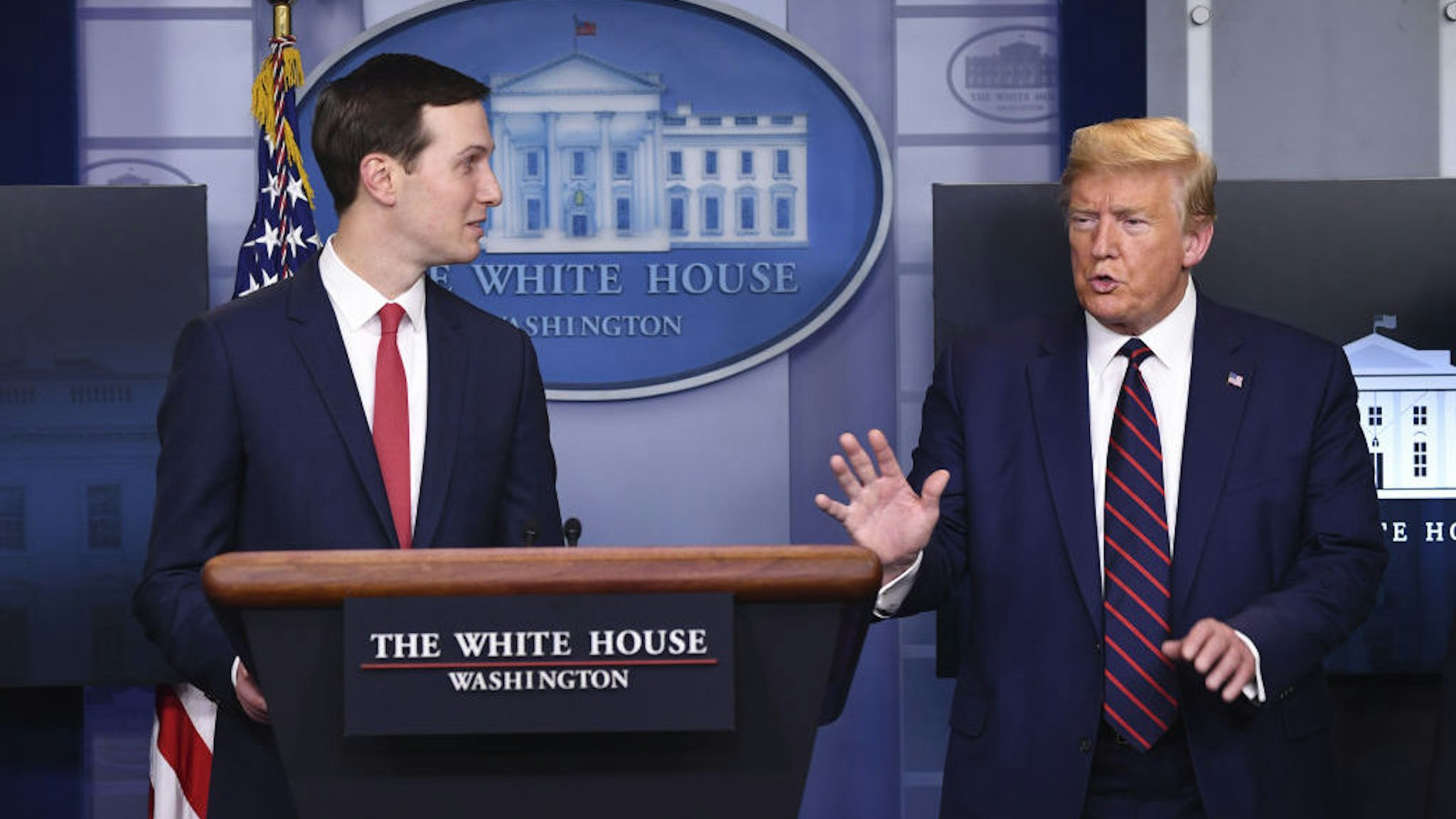 President Donald Trump, right, speaks as Jared Kushner, senior White House adviser, listens during a Coronavirus Task Force news conference at the White House in Washington, D.C., U.S., on Thursday, April 2, 2020. Trump tested negative again for the coronavirus and has no symptoms, a White House doctor said. Photographer: Kevin Dietsch/UPI/Bloomberg