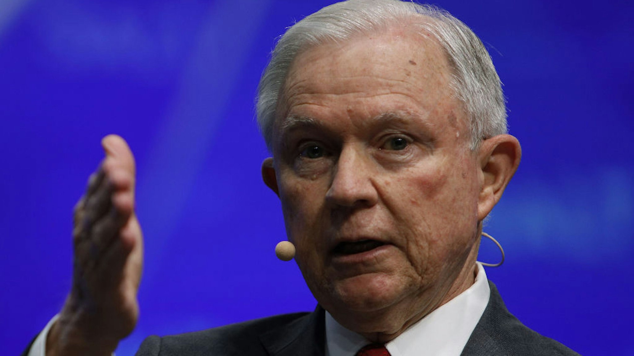 Jeff Sessions, U.S. attorney general, speaks during the Skybridge Alternatives (SALT) conference in Las Vegas, Nevada, U.S., on Wednesday, May 8, 2019. SALT brings together investors, policy experts, politicians and business leaders to network and share ideas to unlock growth opportunities in finance, economics, entrepreneurship, public policy, technology and philanthropy.