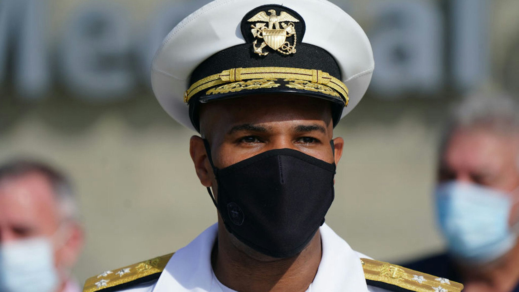 Vice Admiral Jerome Adams, U.S. Surgeon General, wears a protective mask while speaking during a 'Wear A Mask' tour stop in Dalton, Georgia, U.S., on Thursday, July 2, 2020. Governor Kemp on Wednesday expressed his skepticism about the need for a statewide mask mandate and his reluctance to impose one, calling it an issue he feels is "overpoliticized."