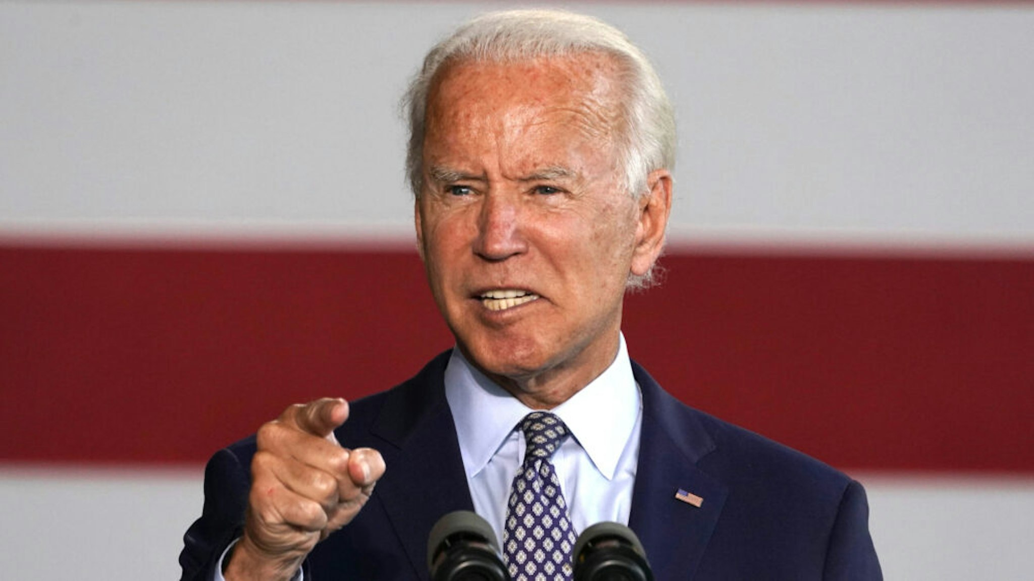 Democratic nominee for president Joe Biden gives a speech to workers after touring McGregor Industries in Dunmore, Pennsylvania on July 9, 2020.