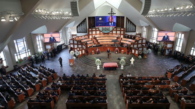 Former President Barack Obama, addresses the service. On the sixth day of the “Celebration of Life” for Rep. John Lewis, his funeral is held at Ebenezer Baptist Church in Atlanta, with burial to follow. Alyssa Pointer / alyssa.pointer@ajc.com