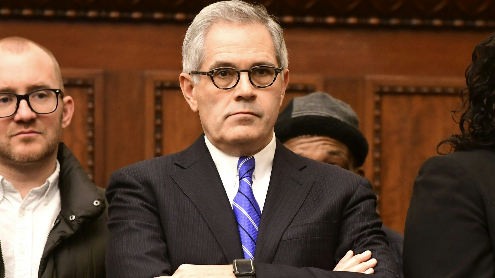 Philadelphia District Attorney Larry Krasner listens during a press conference announcing Danielle Outlaw as the new Police Commissioner on December 30, 2019 in Philadelphia, Pennsylvania. Outlaw, Philadelphia's first black female police commissioner, was previously the police chief in Portland, OR.