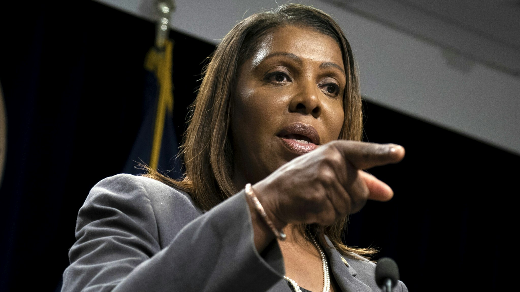 NEW YORK, NY - JUNE 11: New York Attorney General Letitia James speaks during a press conference, June 11, 2019 in New York City. James announced that New York, California, and seven other states have filed a lawsuit seeking to block the proposed merger between Sprint and T-Mobile. James said that the merger would deprive customers of the benefits of competition and potentially drive up prices for cellphone service.