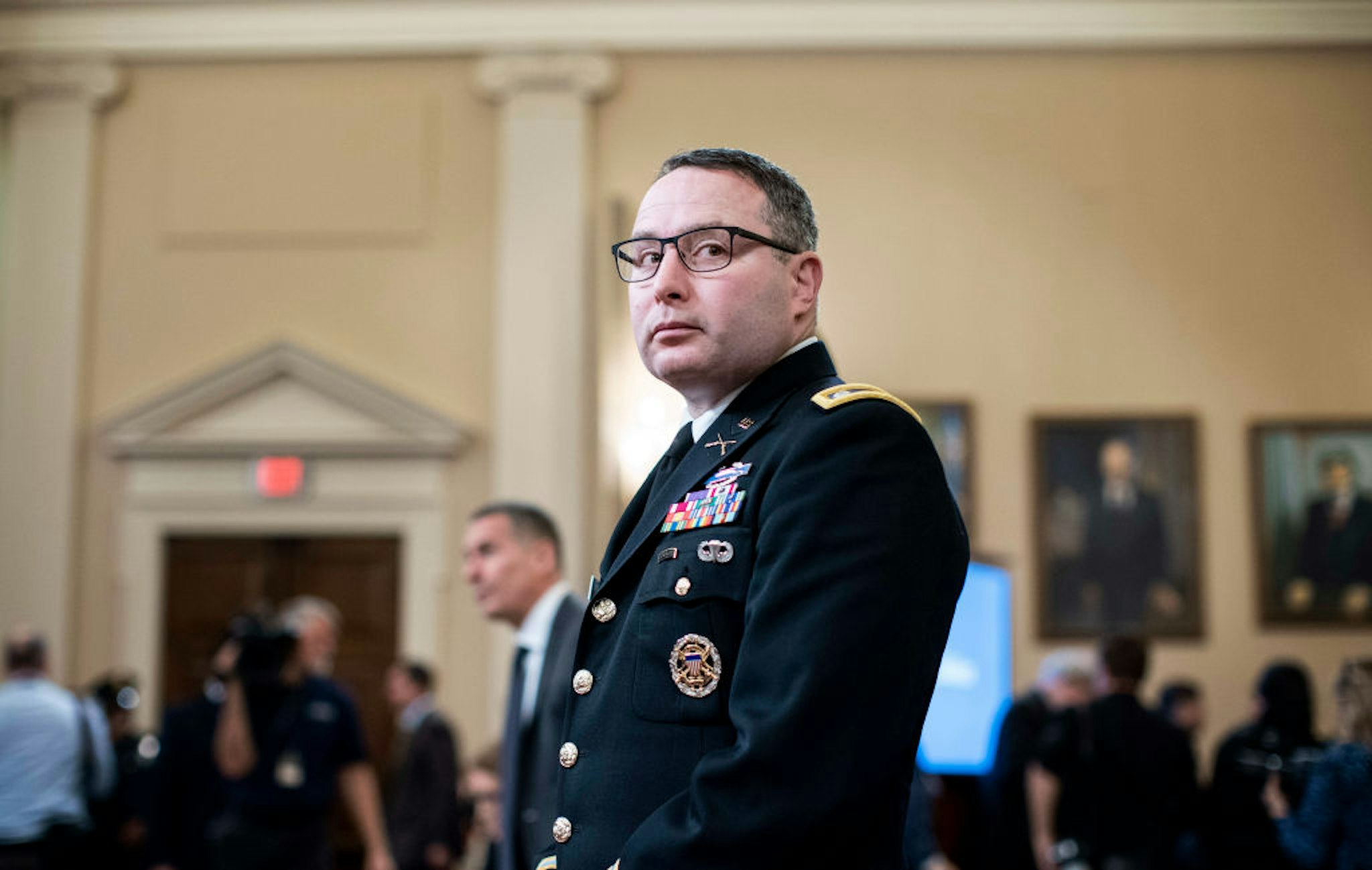 WASHINGTON, DC - NOVEMBER 19: Lt. Col. Alexander Vindman and Jennifer Williams, Special Advisor for Europe and Russia Office of the Vice President, appear before the House Intelligence Committee during the House impeachment inquiry concerning President Donald Trump on Capitol Hill in Washington, DC on Tuesday November 19, 2019. (Photo by Melina Mara/The Washington Post via Getty Images)