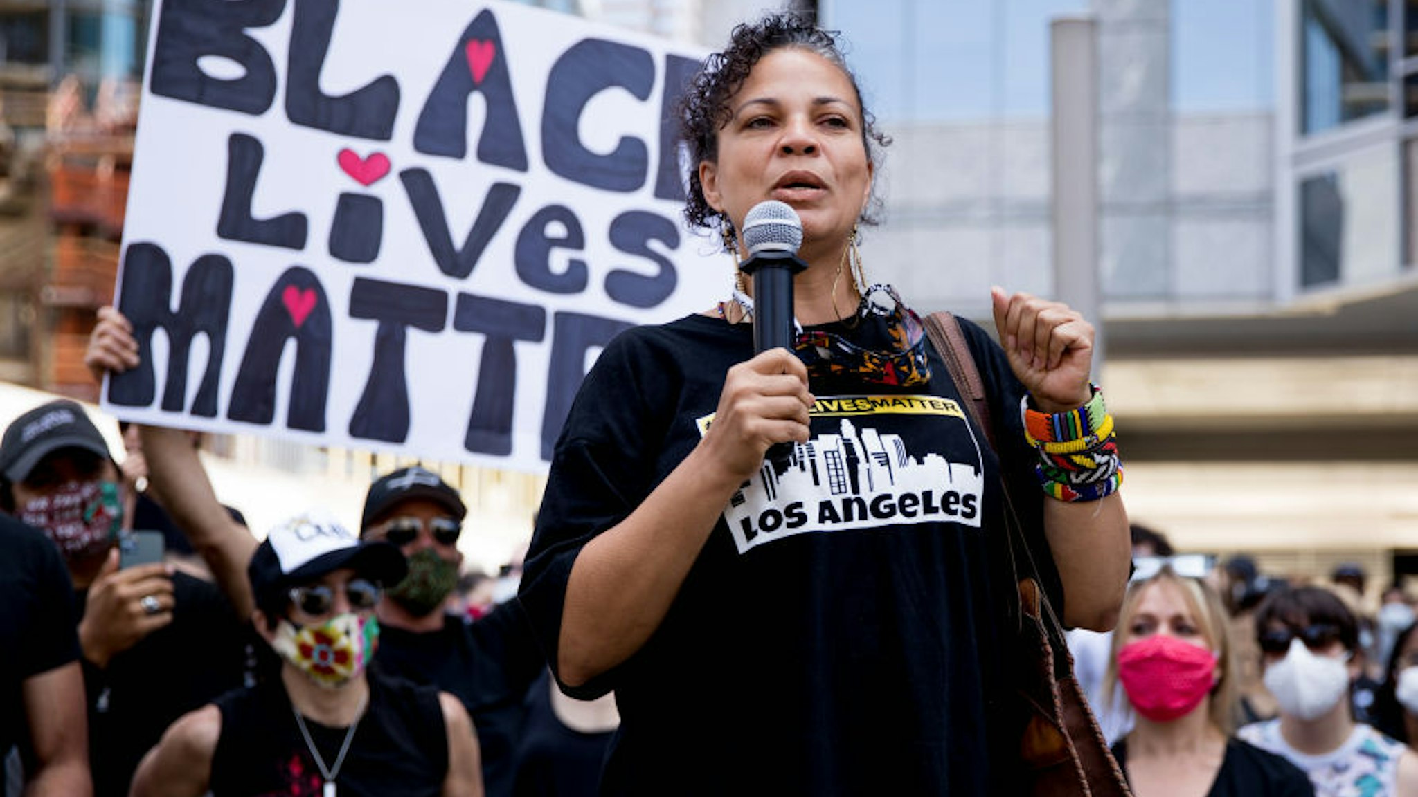 Melina Abdullah participates in the Hollywood talent agencies march to support Black Lives Matter protests on June 06, 2020 in Beverly Hills, California. (Photo by Rich Fury/Getty Images)