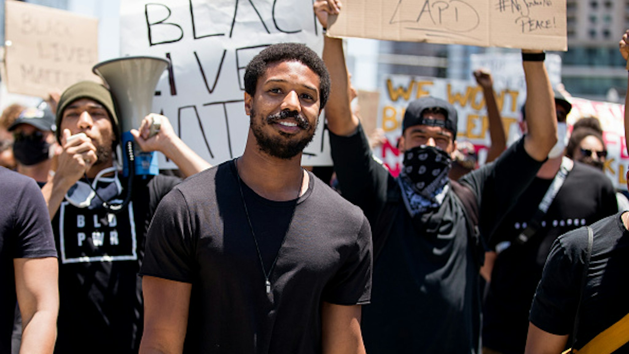 BEVERLY HILLS, CALIFORNIA - JUNE 06: Michael B. Jordan participates in the Hollywood talent agencies march to support Black Lives Matter protests on June 06, 2020 in Beverly Hills, California.