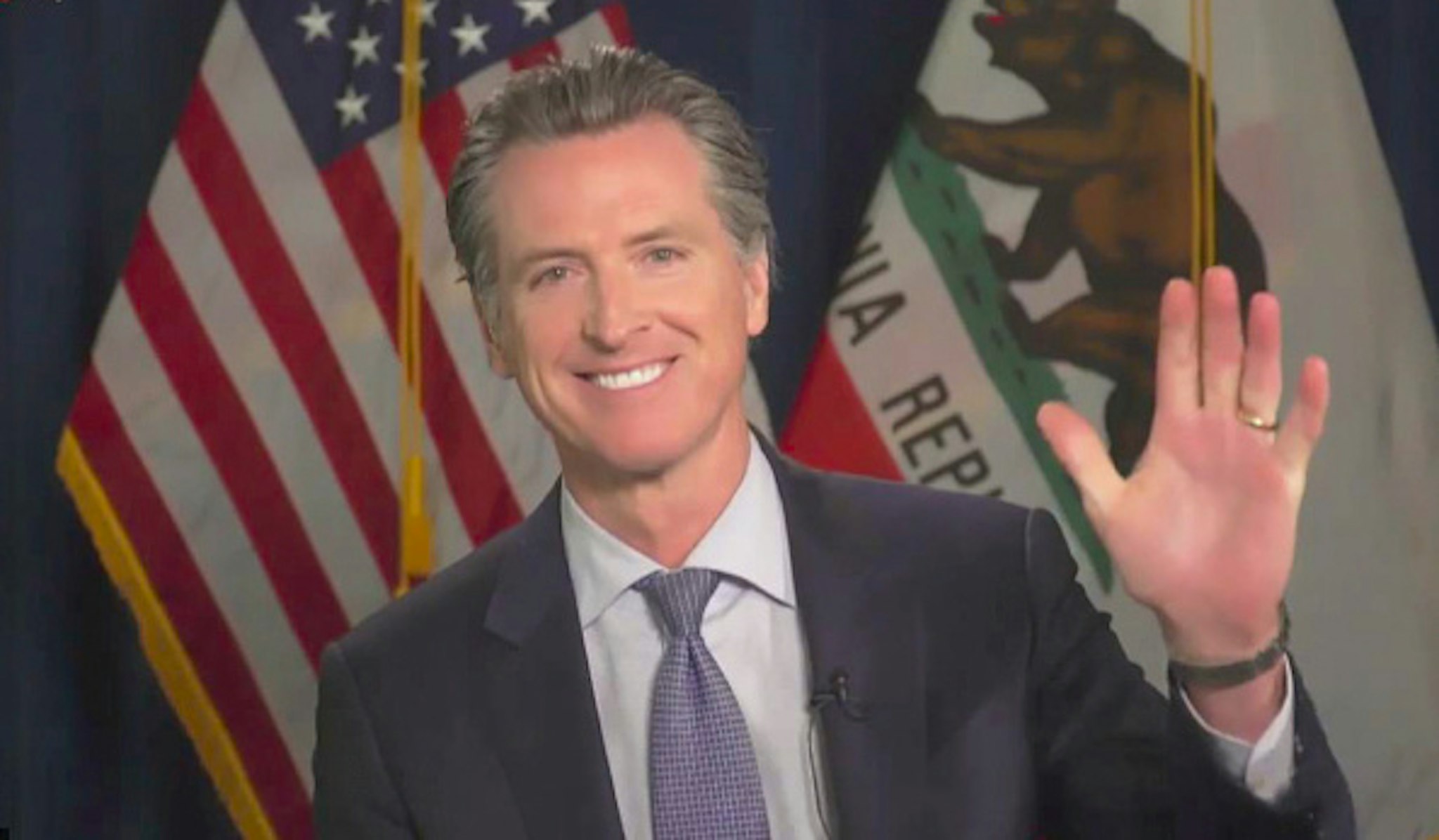 LOS ANGELES - JUNE 17: James chats with California Governor Gavin Newsom from his garage on THE LATE LATE SHOW WITH JAMES CORDEN, scheduled to air Wednesday June 17, 2020 (12:37-1:37 AM, ET/PT) on the CBS Television Network. Image is a screen grab.