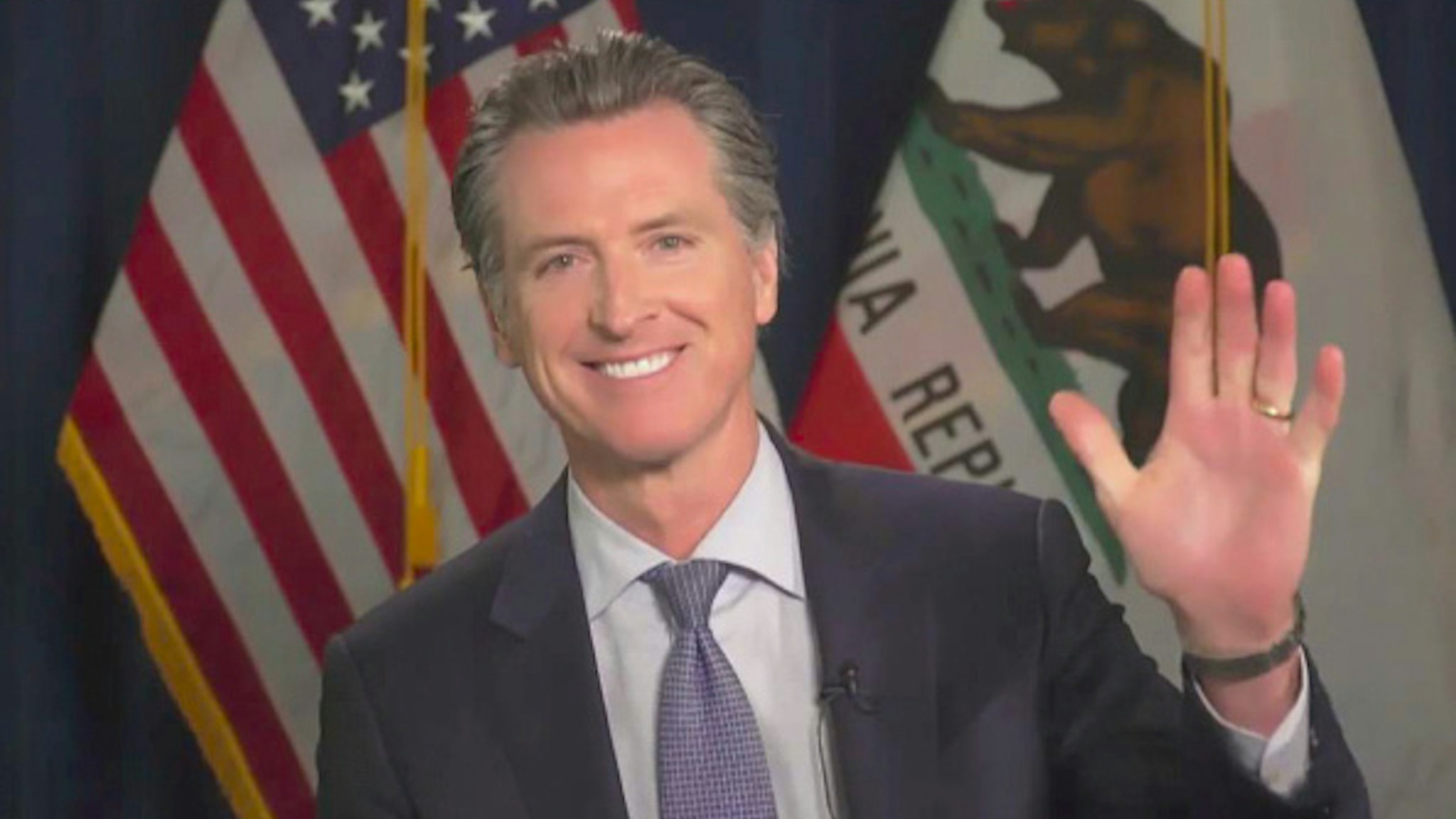 LOS ANGELES - JUNE 17: James chats with California Governor Gavin Newsom from his garage on THE LATE LATE SHOW WITH JAMES CORDEN, scheduled to air Wednesday June 17, 2020 (12:37-1:37 AM, ET/PT) on the CBS Television Network. Image is a screen grab.