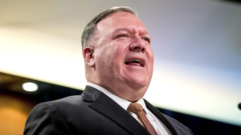 US-CHINA-BRITAIN-HUAWEI-DENMARK-DIPLOMACY Secretary of State Mike Pompeo speaks during a news conference at the State Department in Washington,DC on July 15, 2020. - US Secretary of State Mike Pompeo said Wednesday he will visit Britain and Denmark next week, days after London pleased Washington with a ban on Chinese telecom giant Huawei. "I leave on Monday for a quick trip to the United Kingdom and Denmark, and I'm sure that the Chinese Communist Party and its threat to free peoples around the world will be high on top of that agenda," Pompeo told a news conference.