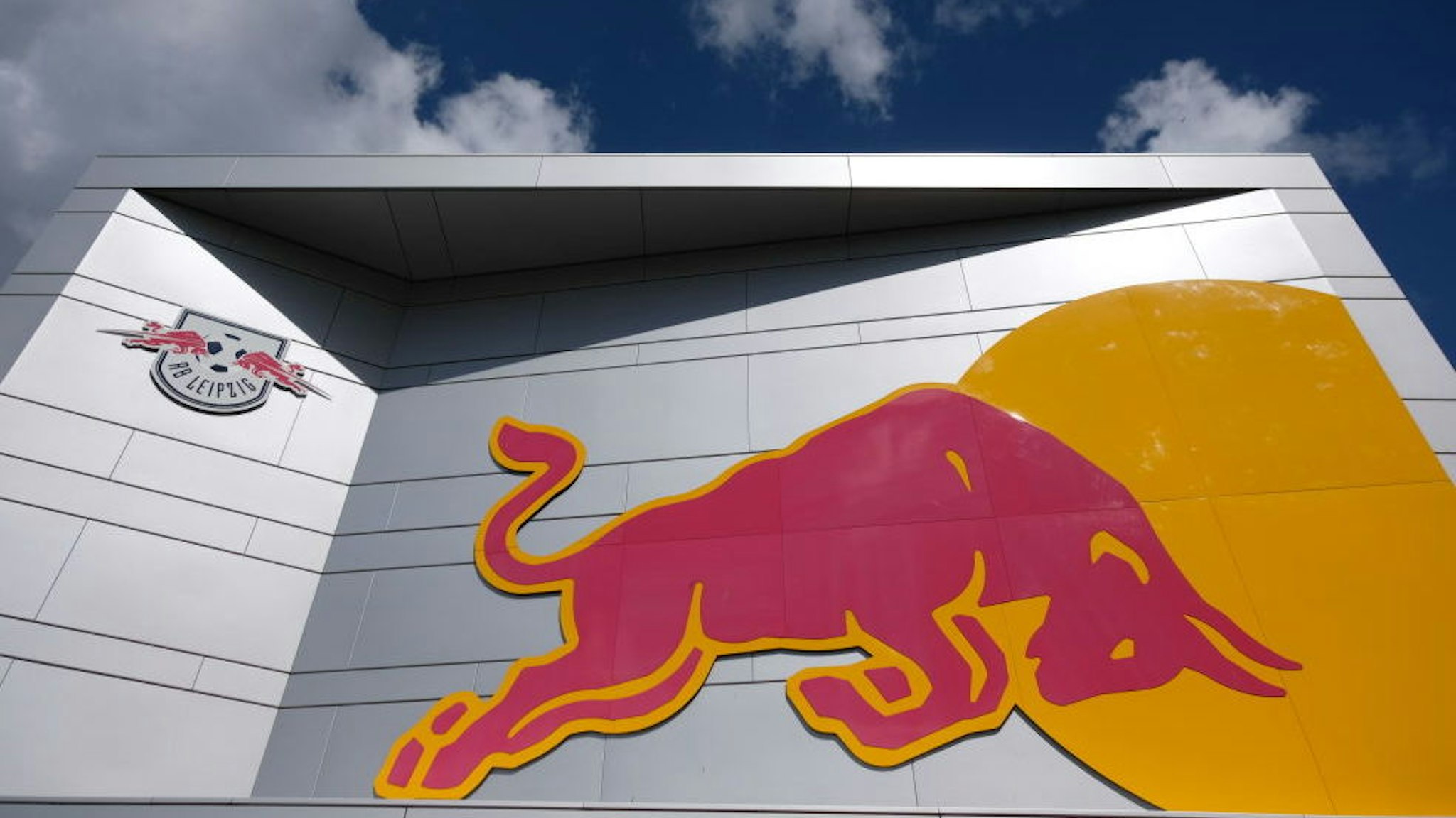 The logo of RB Leipzig at the training centre of the footballers. The team had a team training on Tuesday under exclusion of the public. Photo: Sebastian Willnow/dpa-Zentralbild/dpa (Photo by Sebastian Willnow/picture alliance via Getty Images)