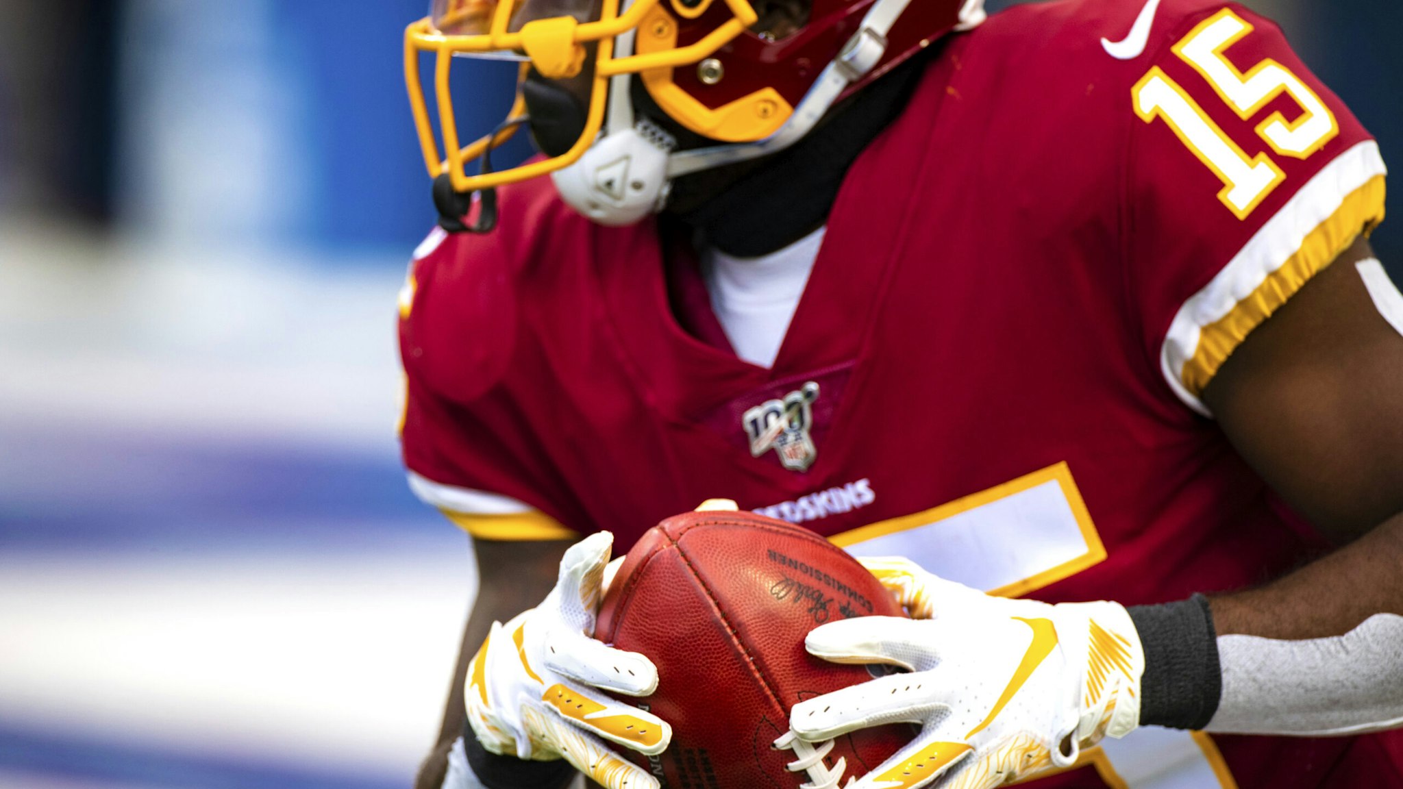 ORCHARD PARK, NY - NOVEMBER 03: Detail view of Nike football gloves worn by Steven Sims #15 of the Washington Redskins as he fields a kickoff during the first quarter against the Buffalo Bills at New Era Field on November 3, 2019 in Orchard Park, New York. Buffalo defeats Washington 24-9.